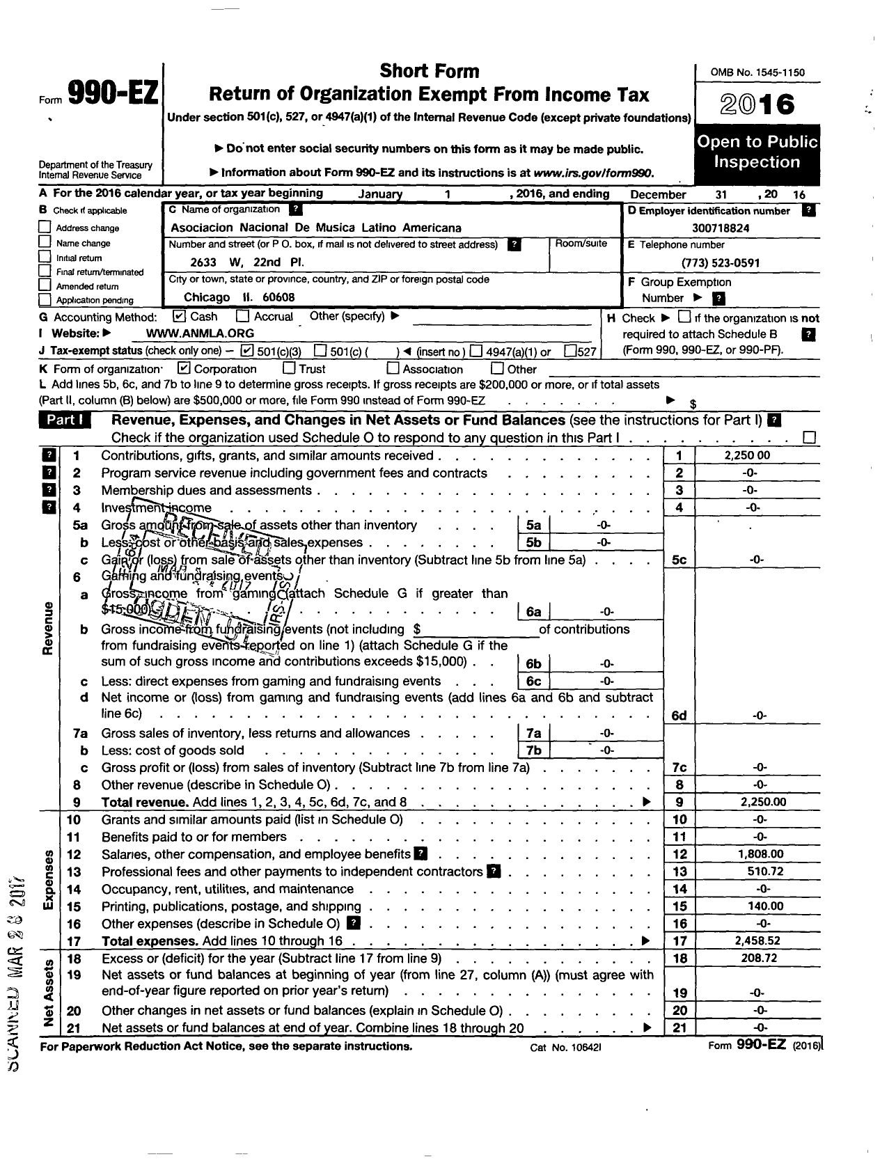 Image of first page of 2016 Form 990EZ for Asociacion Nacional de Musica Latino Americana