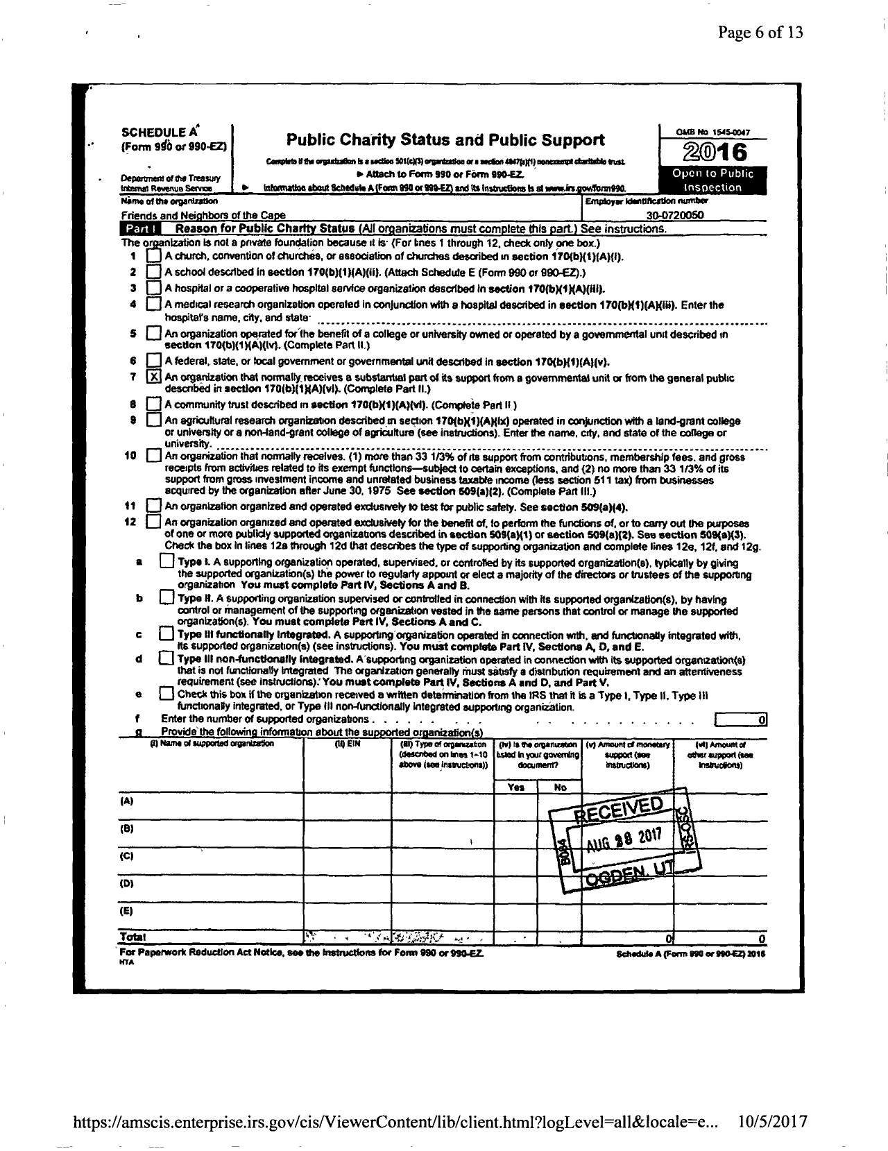 Image of first page of 2016 Form 990ER for Friends and Neighbors of the Cape