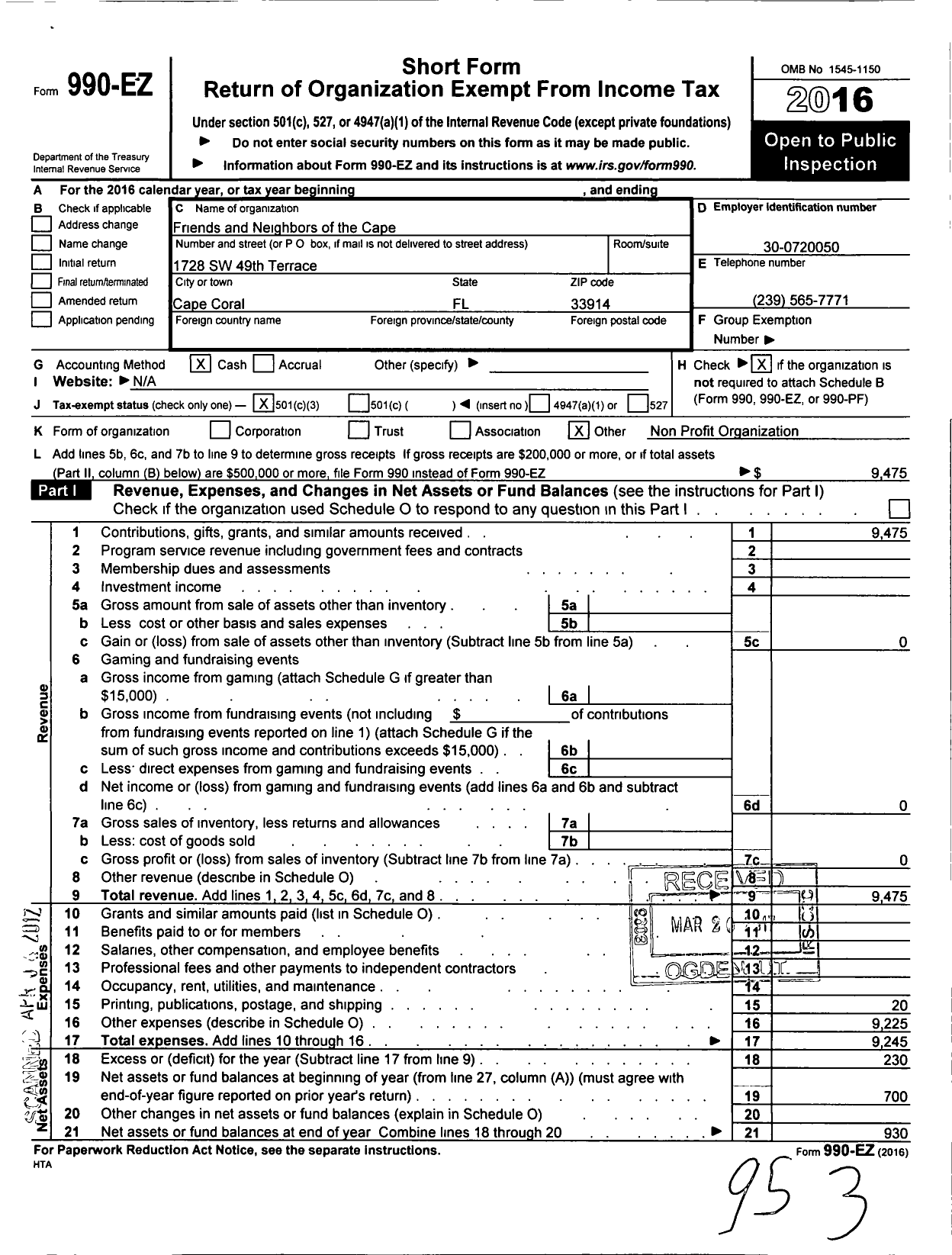 Image of first page of 2016 Form 990EZ for Friends and Neighbors of the Cape