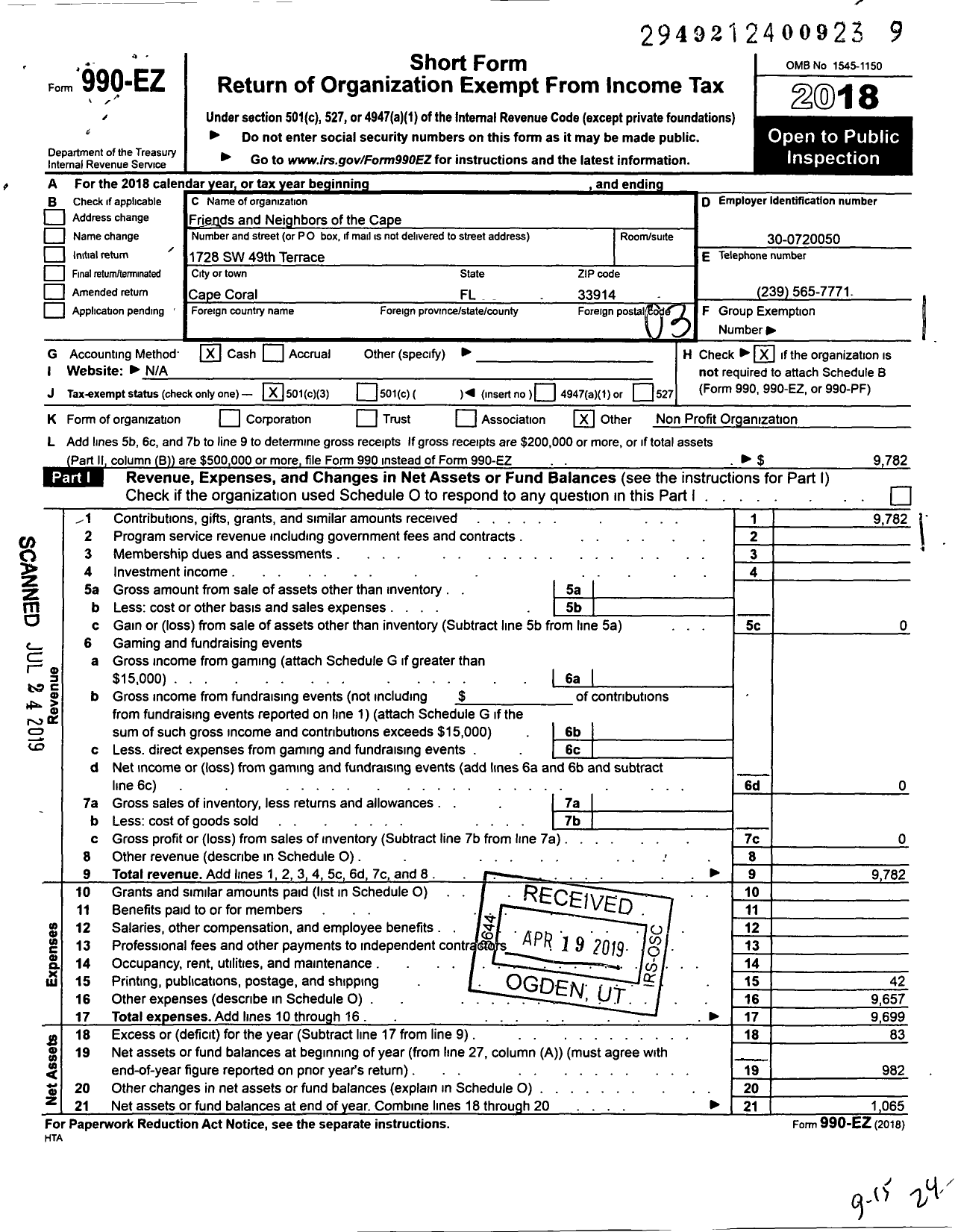 Image of first page of 2018 Form 990EZ for Friends and Neighbors of the Cape