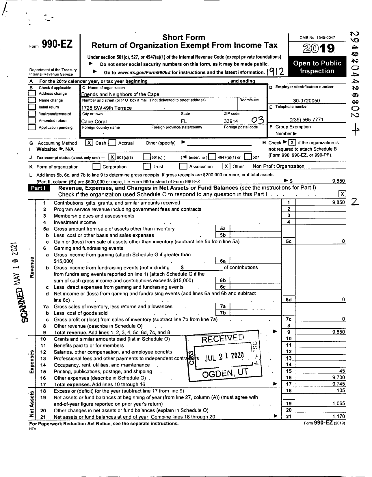 Image of first page of 2019 Form 990EZ for Friends and Neighbors of the Cape