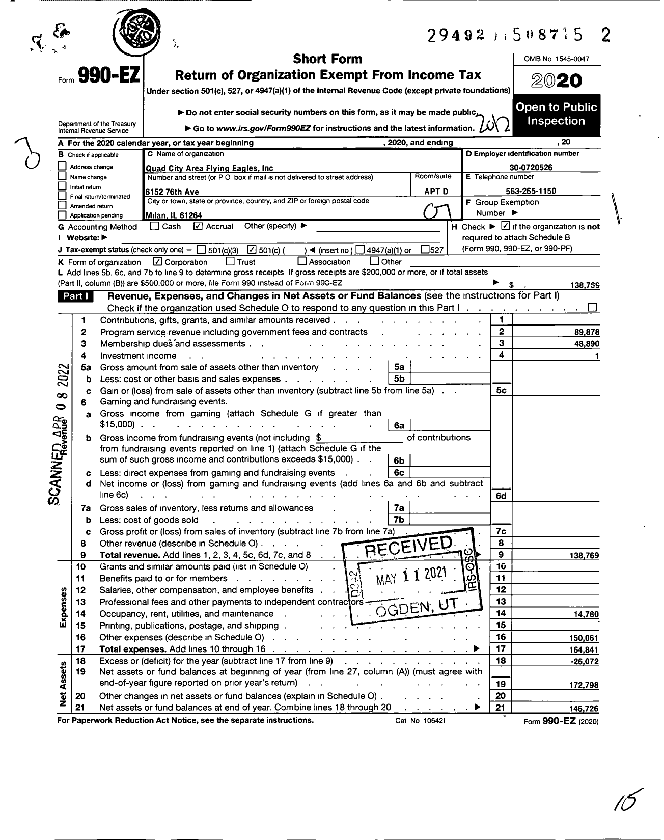 Image of first page of 2020 Form 990EO for Quad City Area Flying Eagles