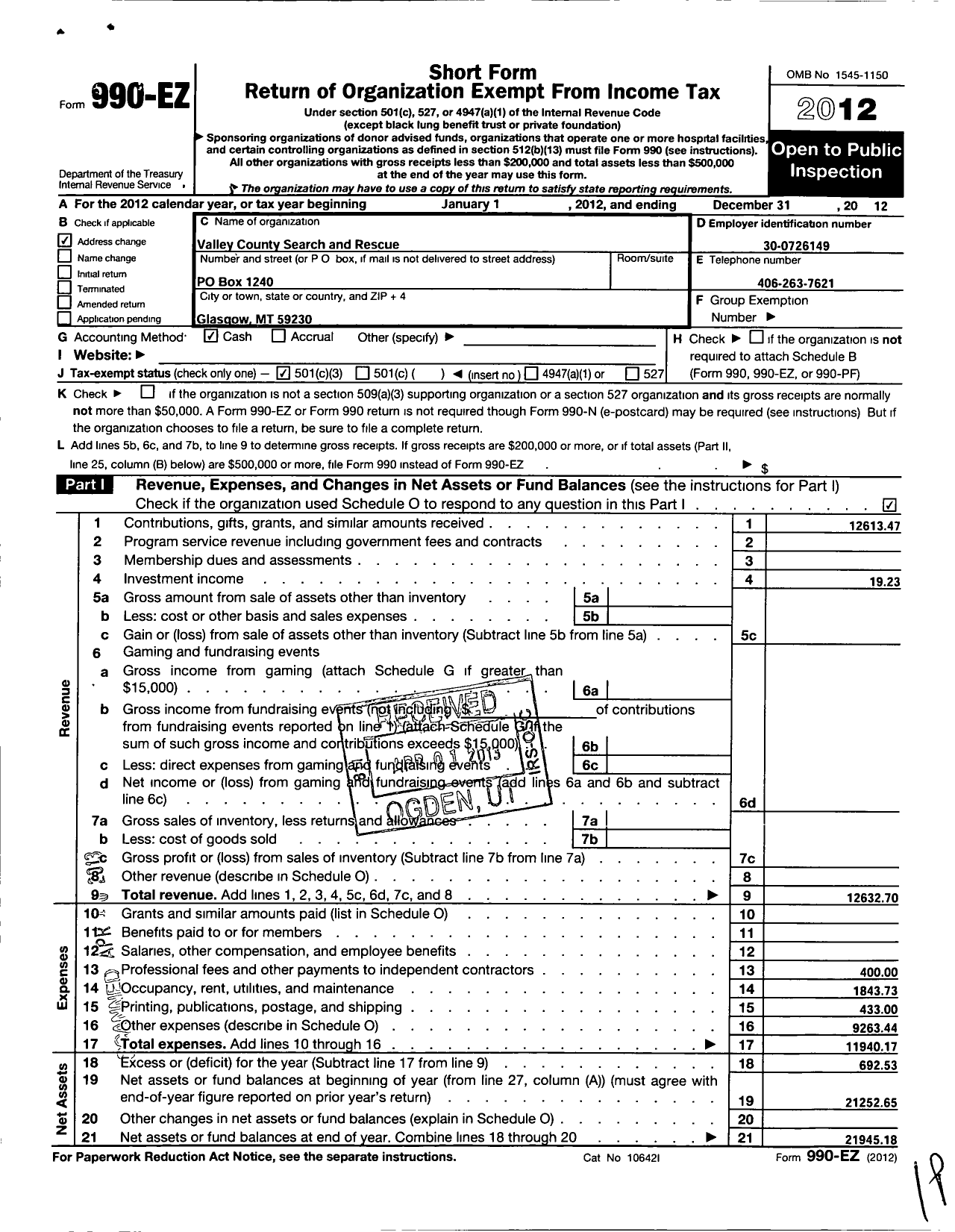 Image of first page of 2012 Form 990EZ for Valley County Search and Rescue