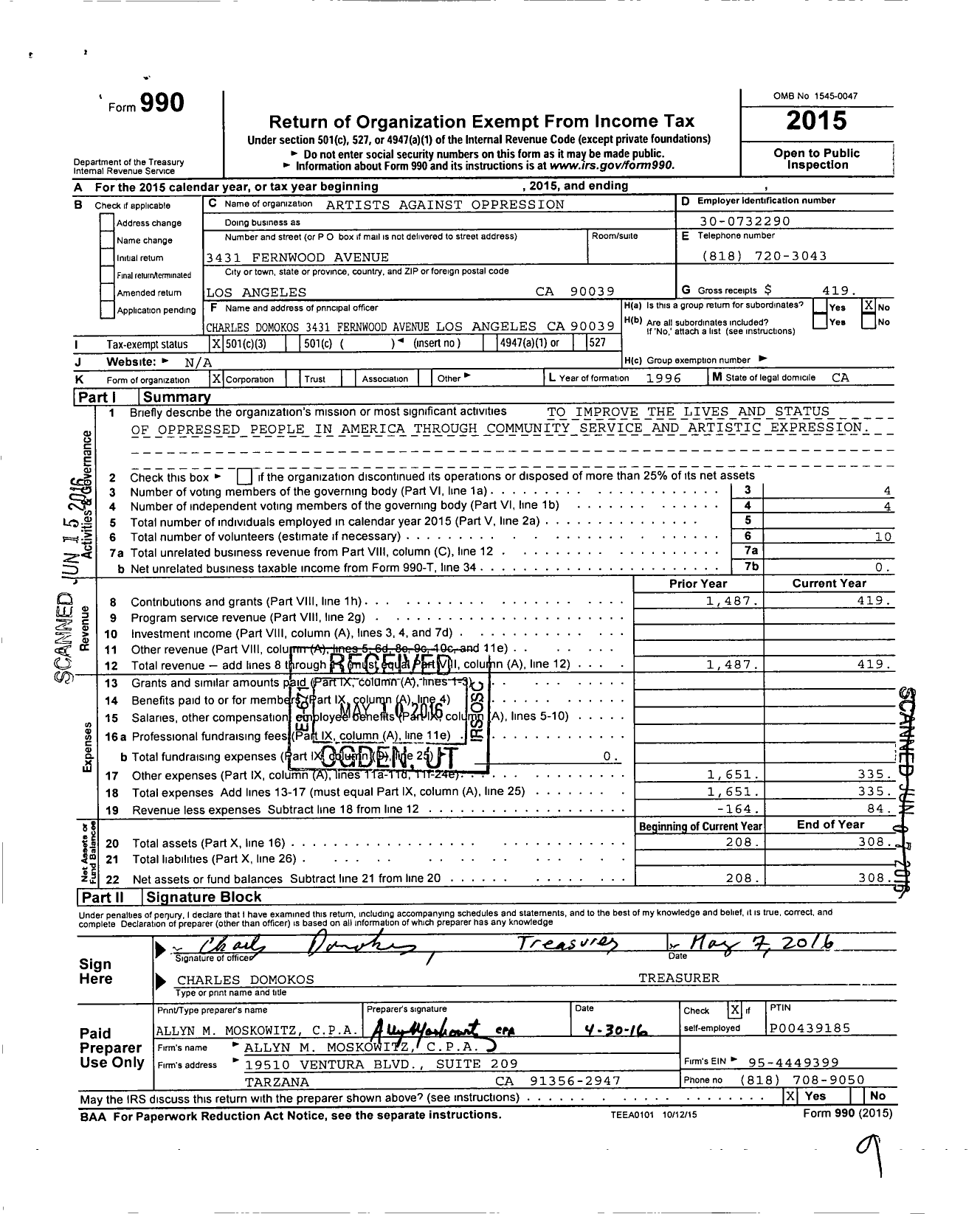 Image of first page of 2015 Form 990 for Artists Against Oppression