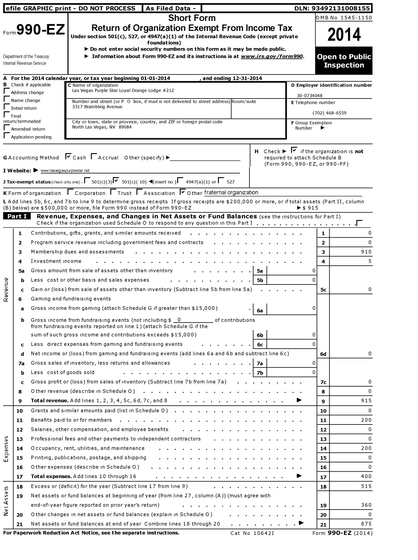 Image of first page of 2014 Form 990EO for Loyal Orange Institution of the USA - 212 Las Vegas Purple Star