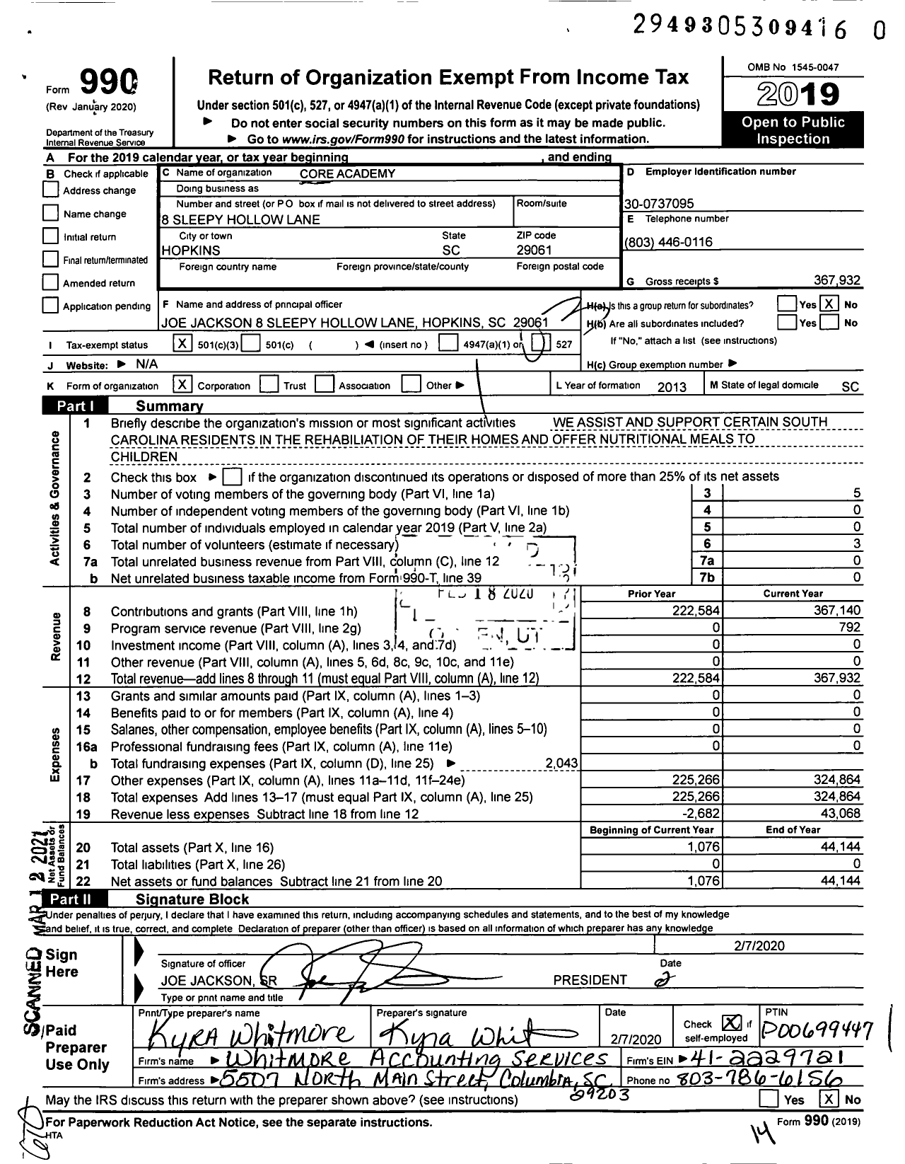 Image of first page of 2019 Form 990 for Core Academy