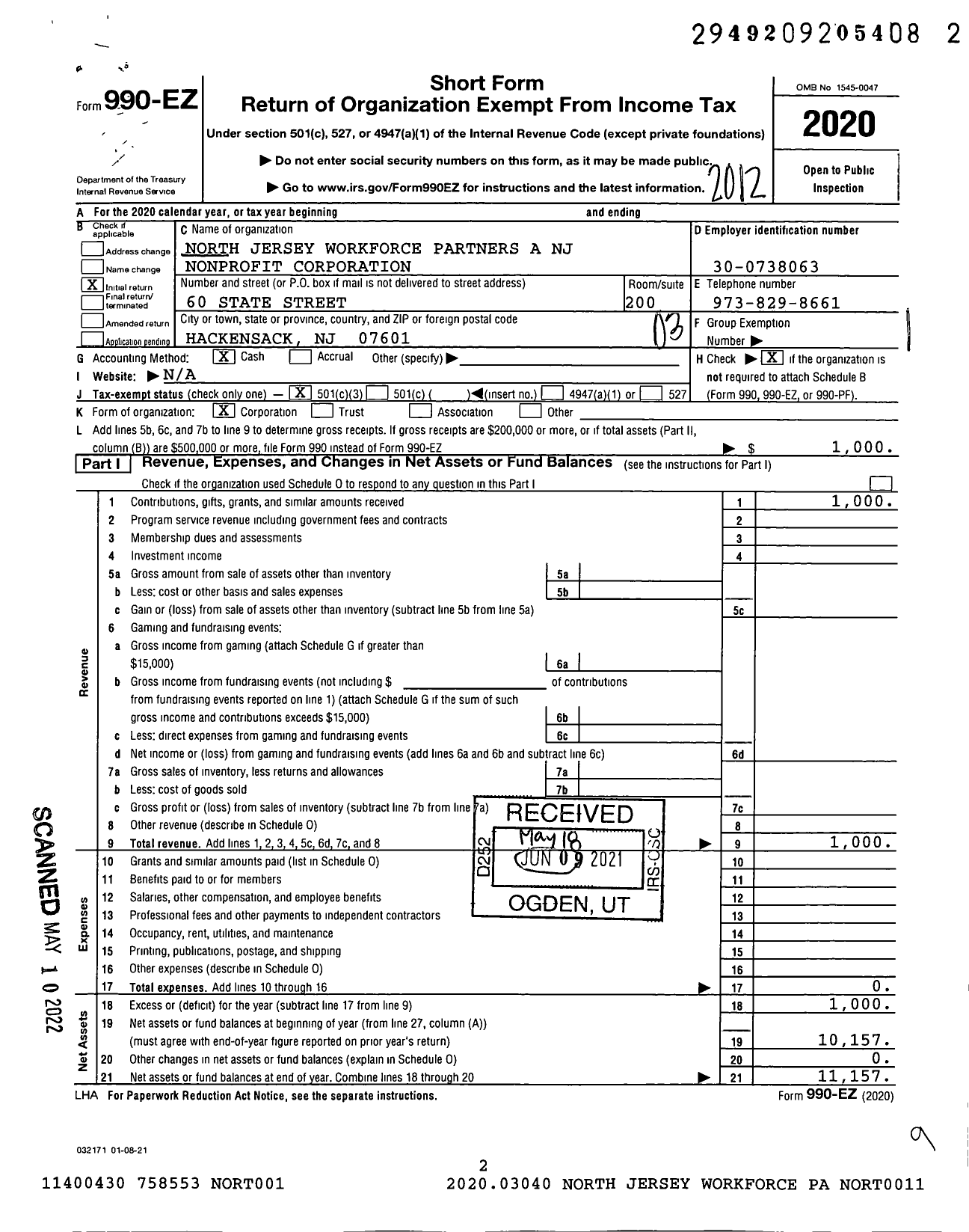 Image of first page of 2020 Form 990EZ for North Jersey Workforce Partners A NJ Nonprofit Corporation