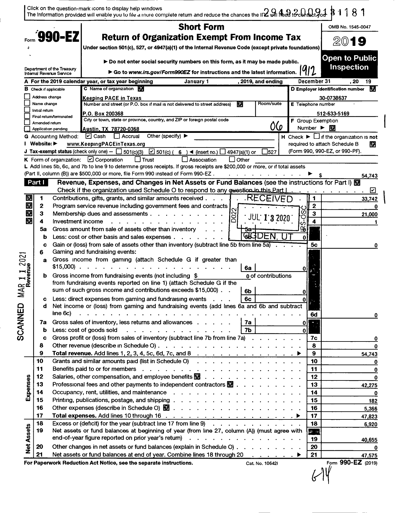 Image of first page of 2019 Form 990EO for Keeping Pace in Texas