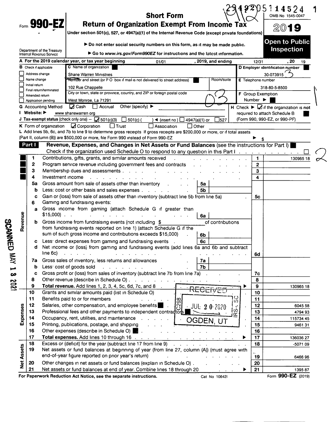 Image of first page of 2019 Form 990EZ for Shane Warren Ministries