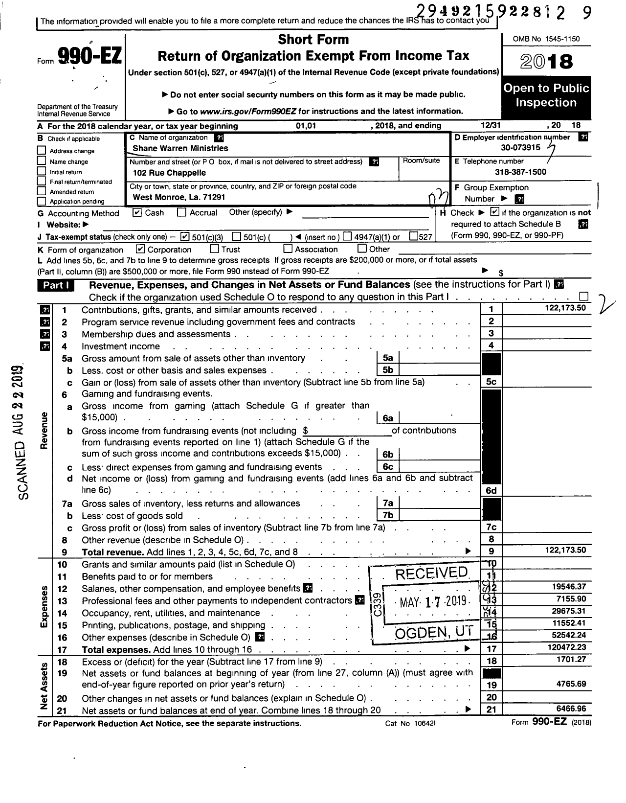 Image of first page of 2018 Form 990EZ for Shane Warren Ministries