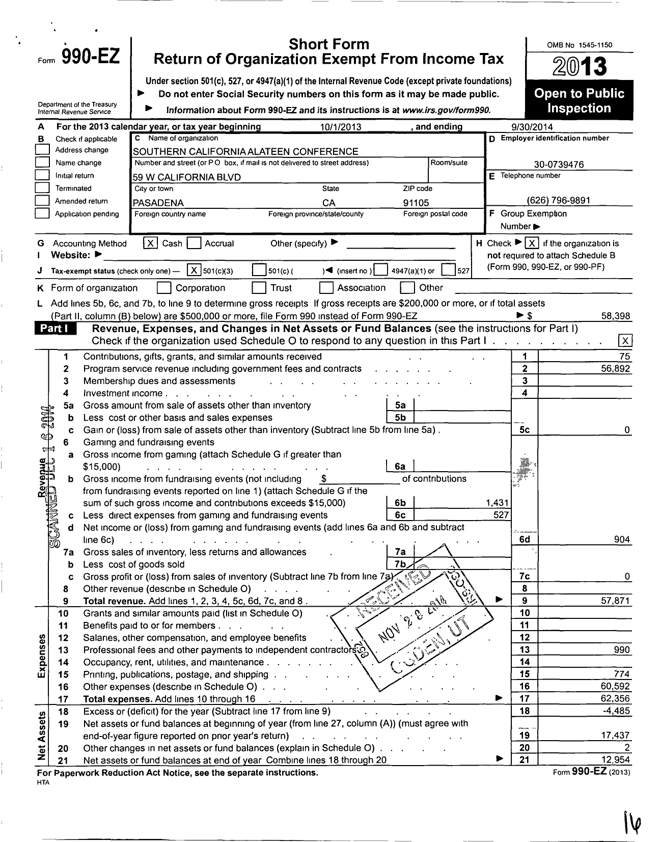 Image of first page of 2013 Form 990EZ for Southern California Alateen Confrence