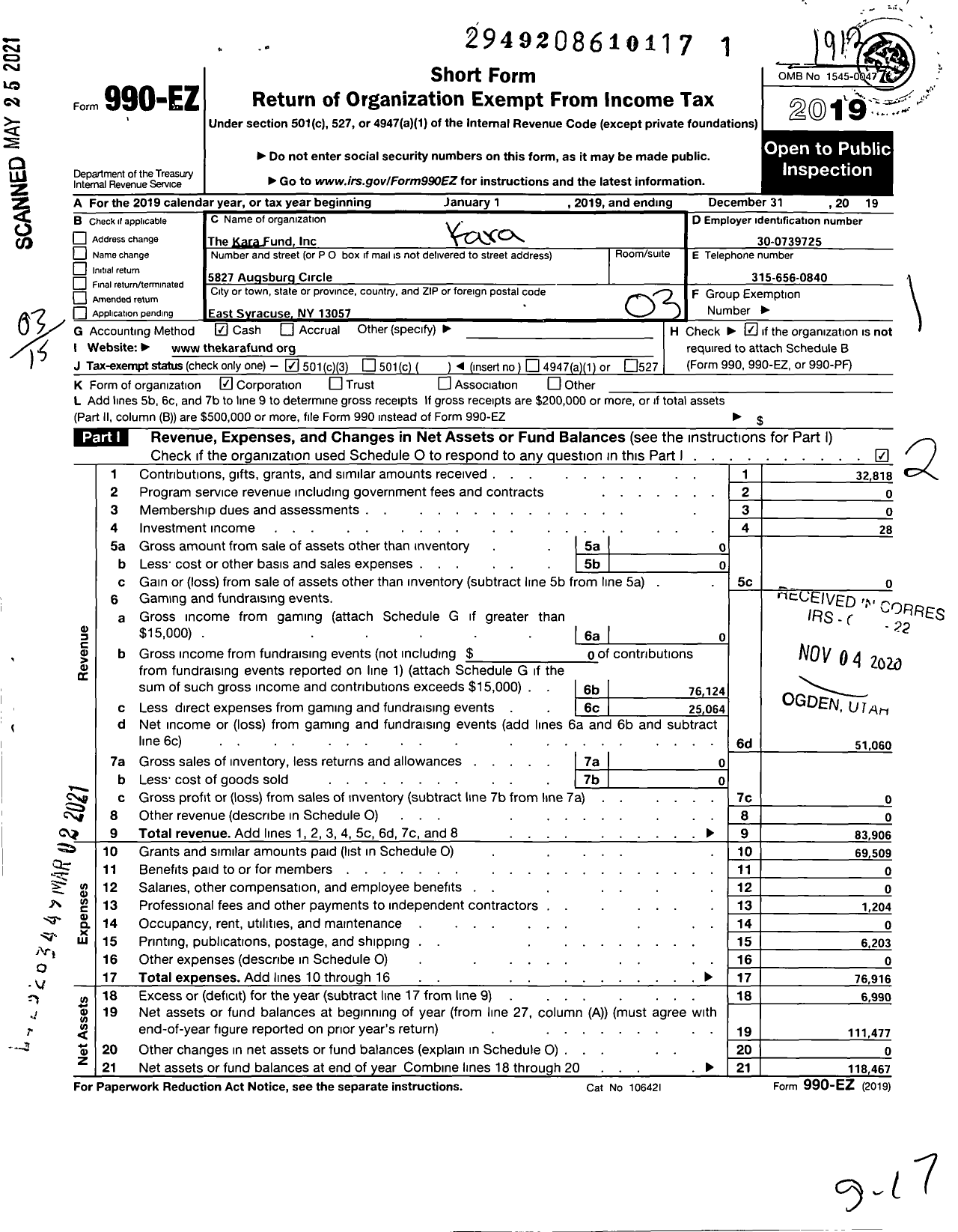 Image of first page of 2019 Form 990EZ for Kara Fund