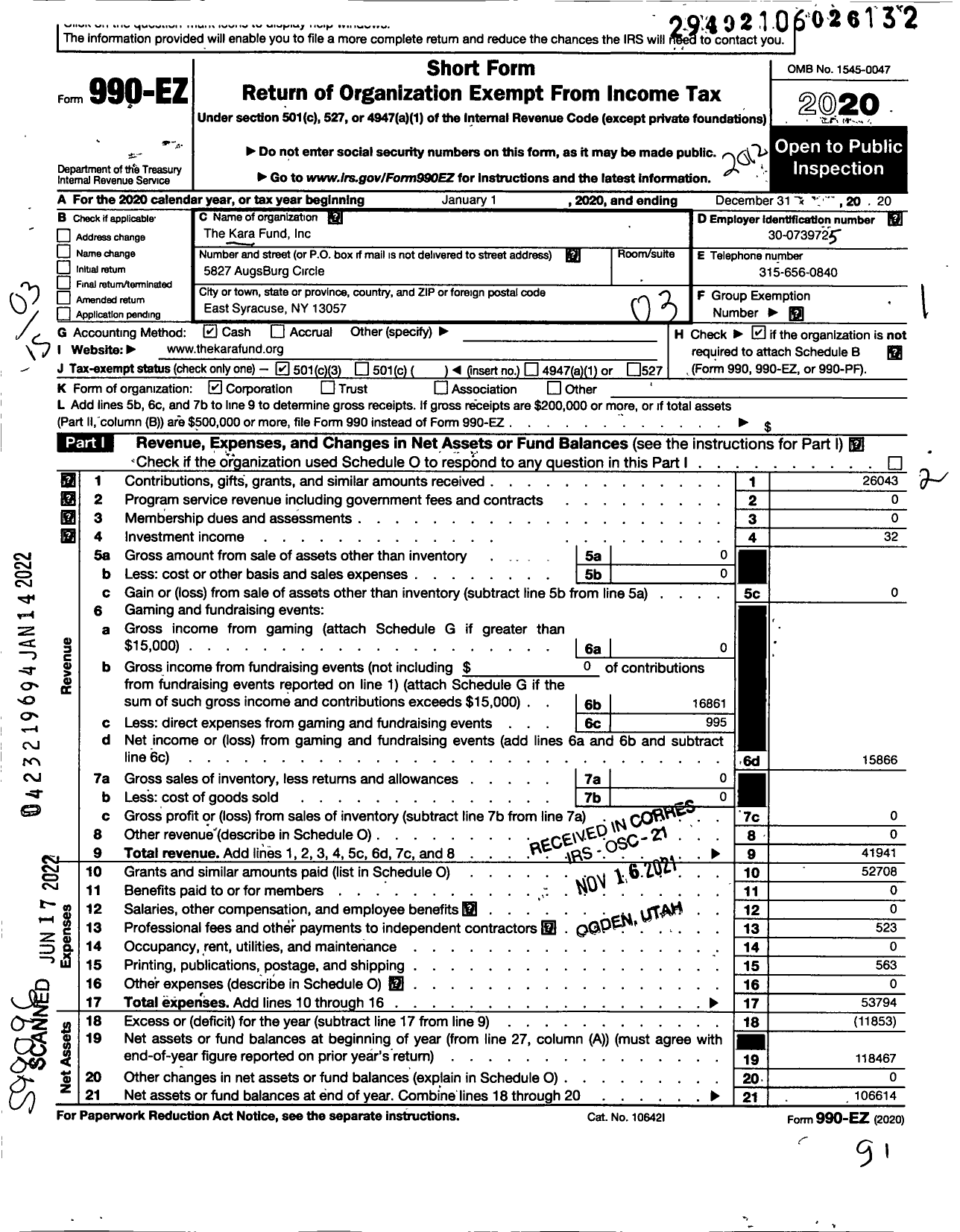 Image of first page of 2020 Form 990EZ for Kara Fund