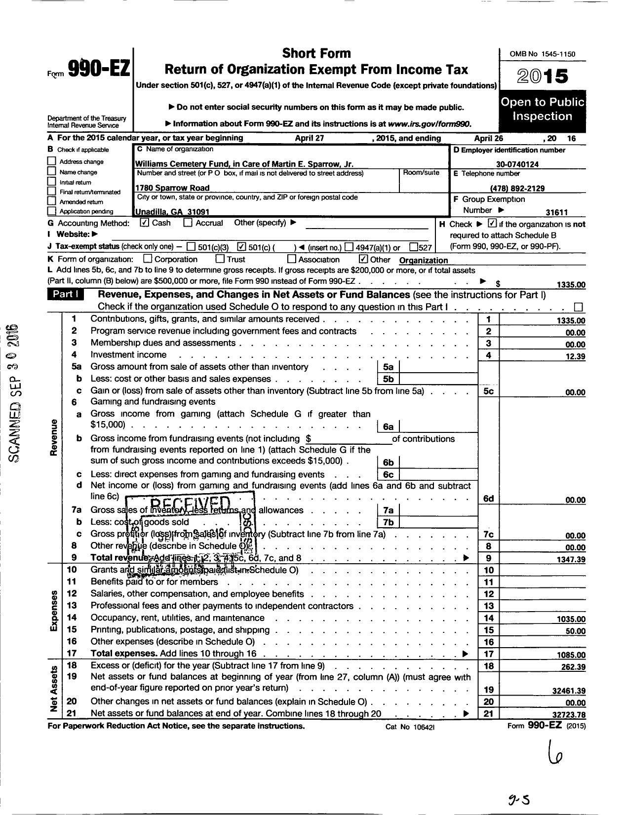 Image of first page of 2015 Form 990EO for Williams Cemetery Fund