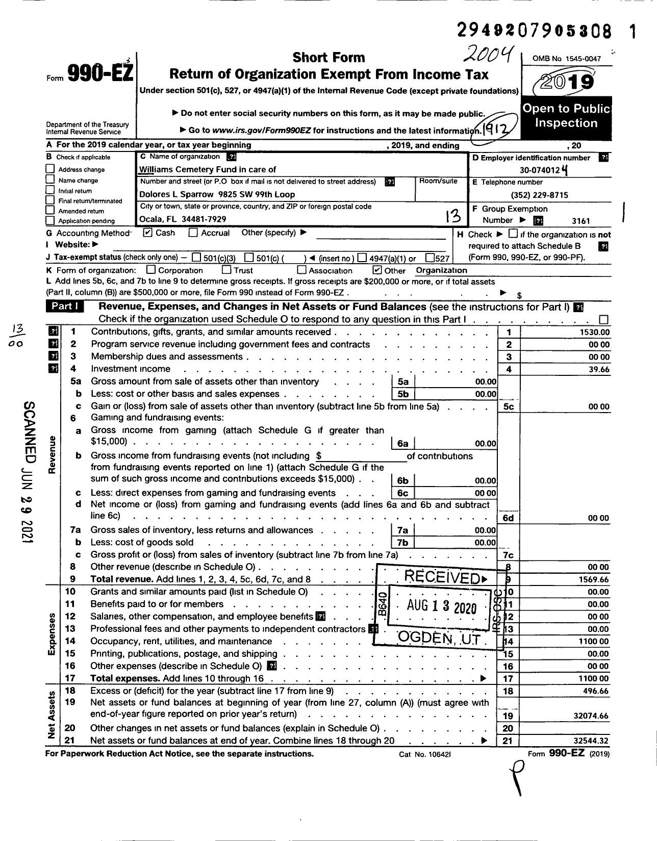 Image of first page of 2019 Form 990EO for Williams Cemetery Fund