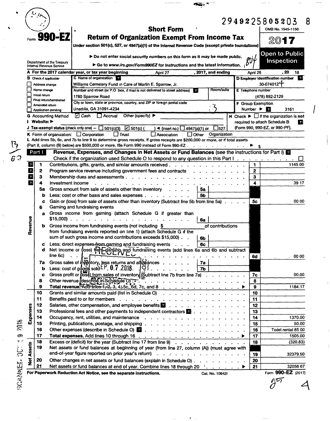 Image of first page of 2017 Form 990EO for Williams Cemetery Fund