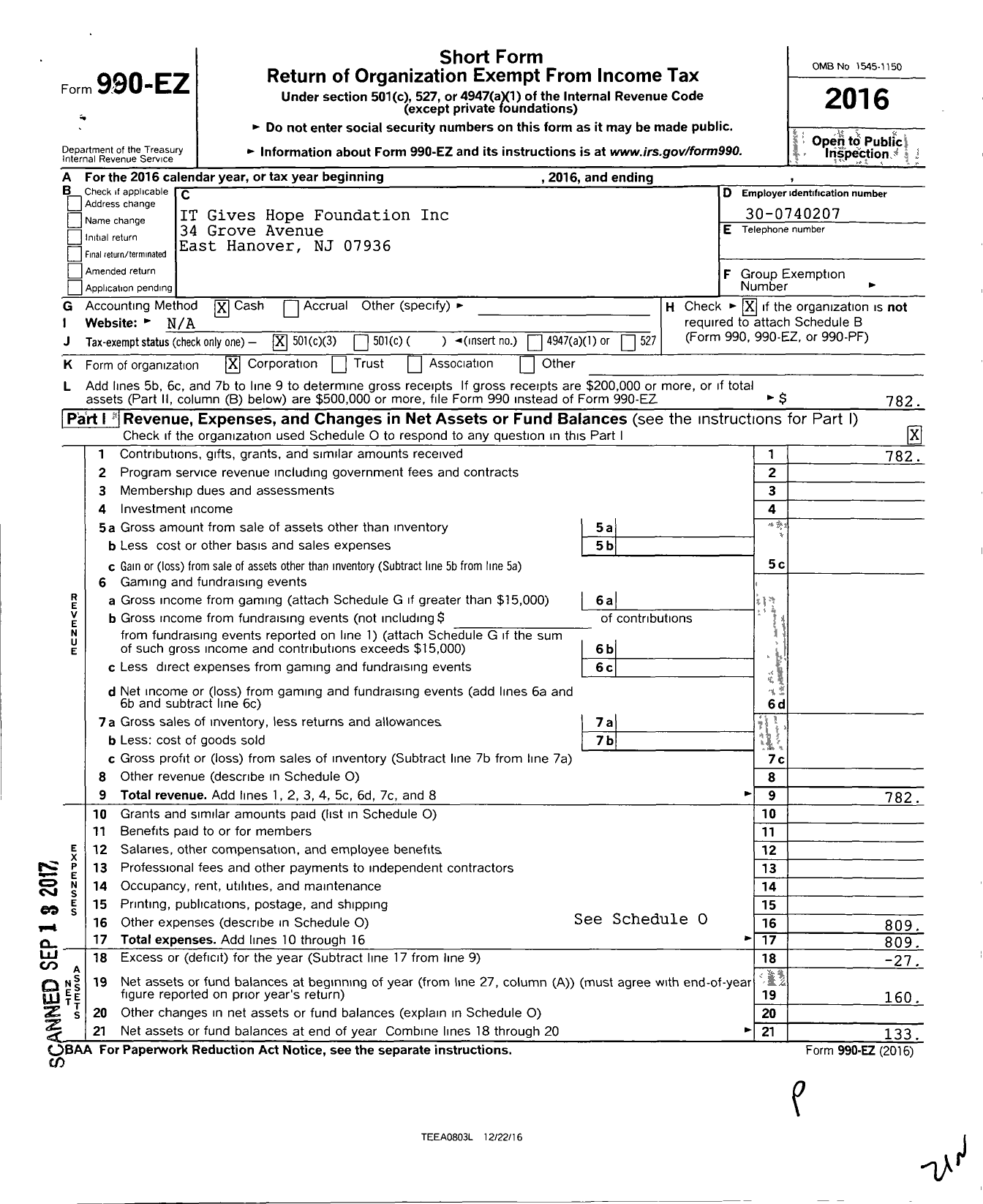 Image of first page of 2016 Form 990EZ for IT Gives Hope Foundation