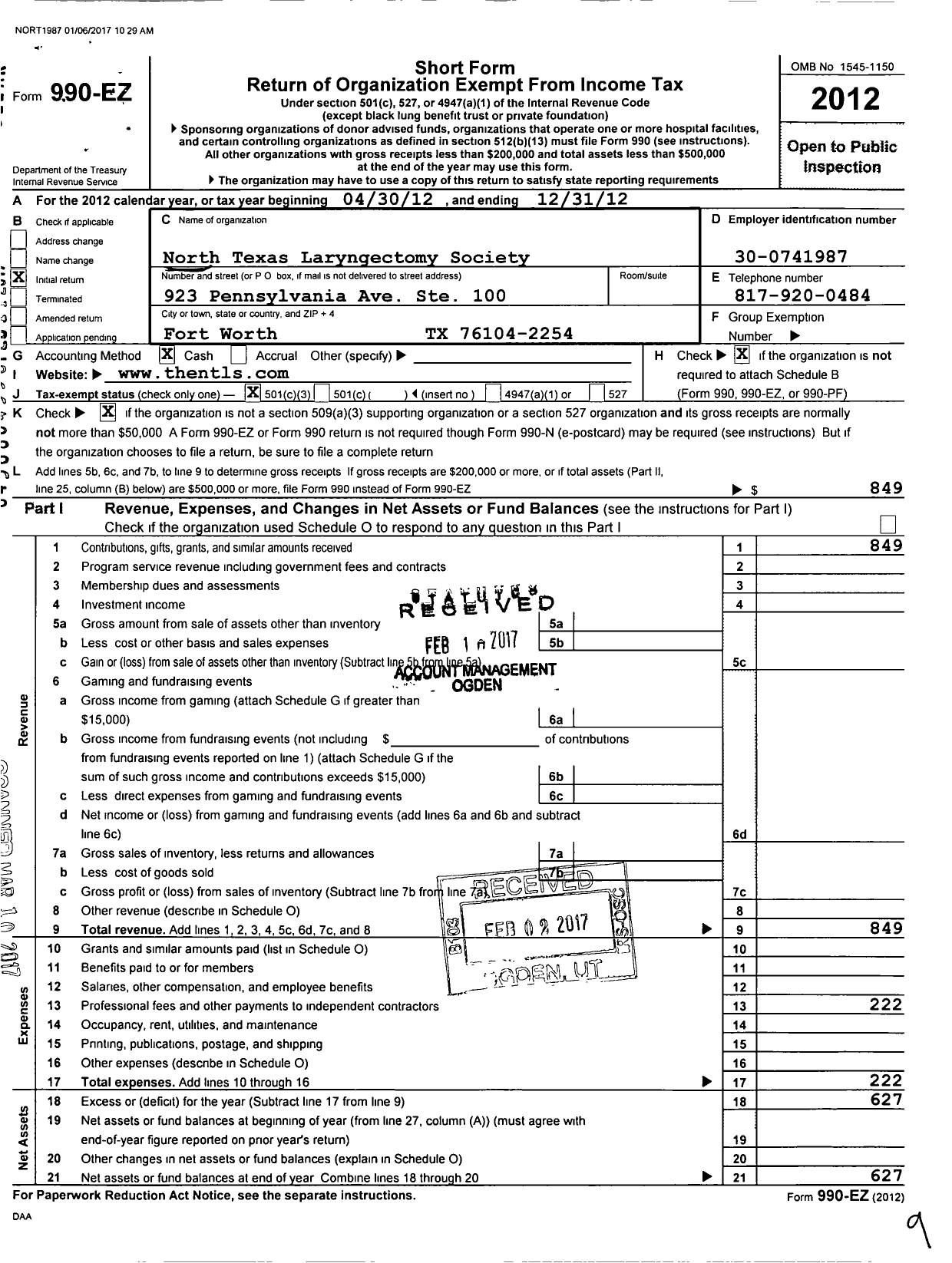 Image of first page of 2012 Form 990EZ for North Texas Laryngectomy Society