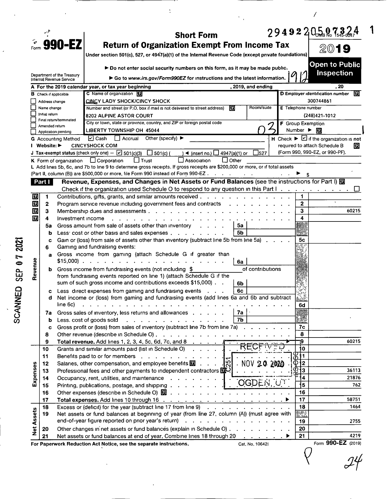 Image of first page of 2019 Form 990EZ for Cincy Lady Shockcincy