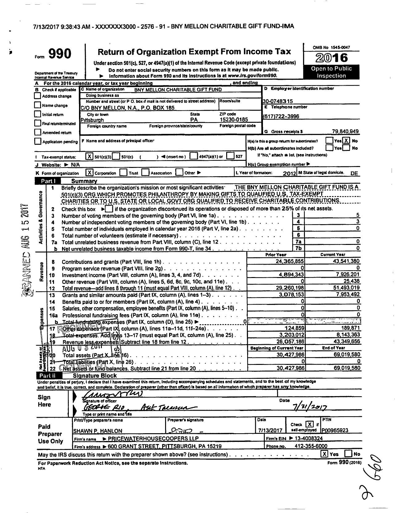 Image of first page of 2016 Form 990 for Bny Mellon Charitable Gift Fund