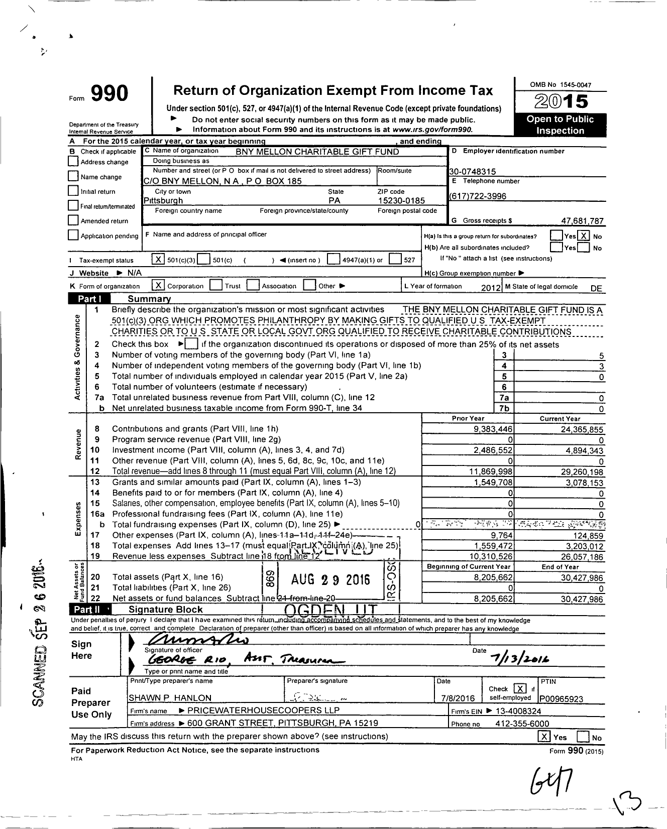 Image of first page of 2015 Form 990 for Bny Mellon Charitable Gift Fund