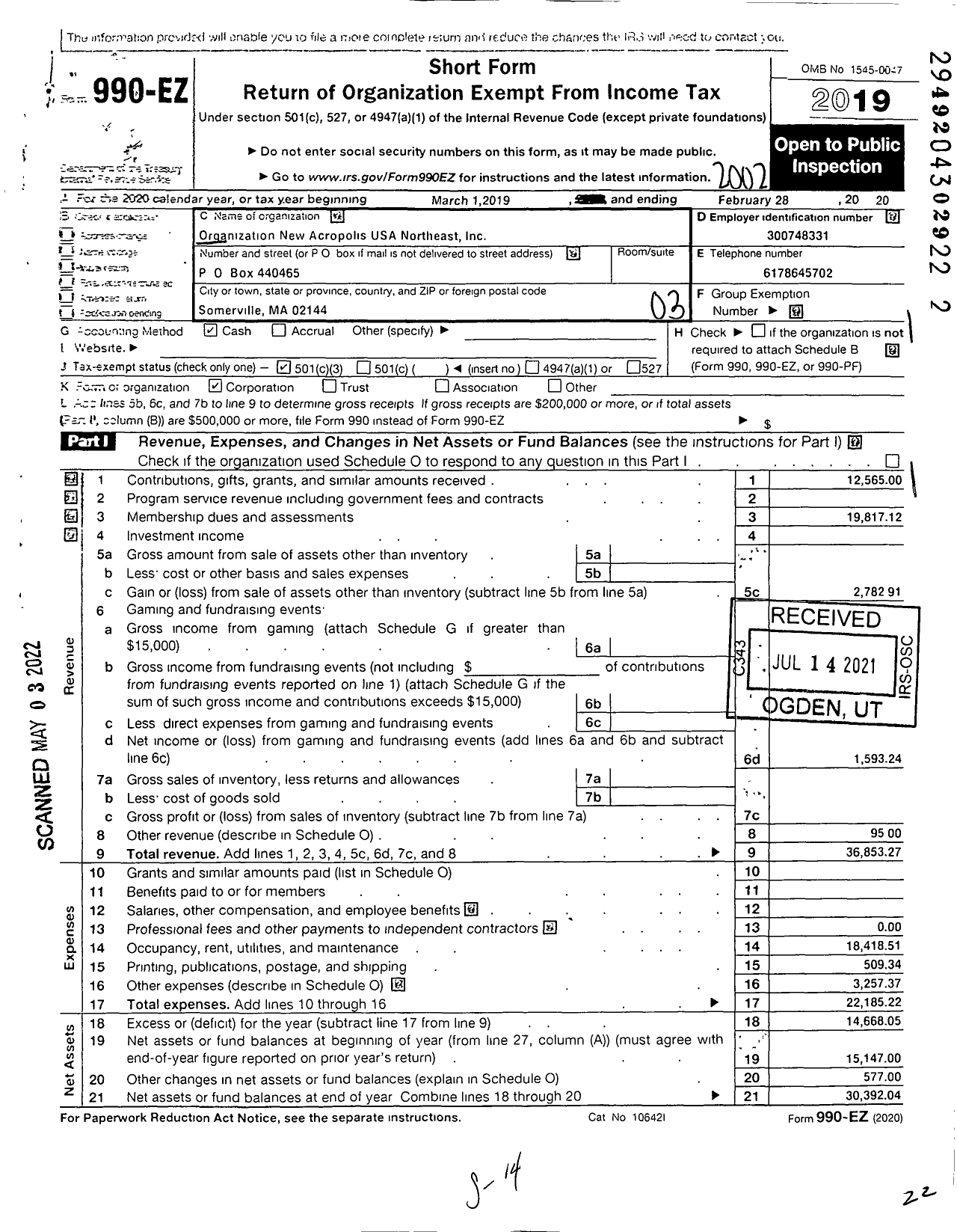 Image of first page of 2019 Form 990EZ for Organization New Acropolis USA Northeast