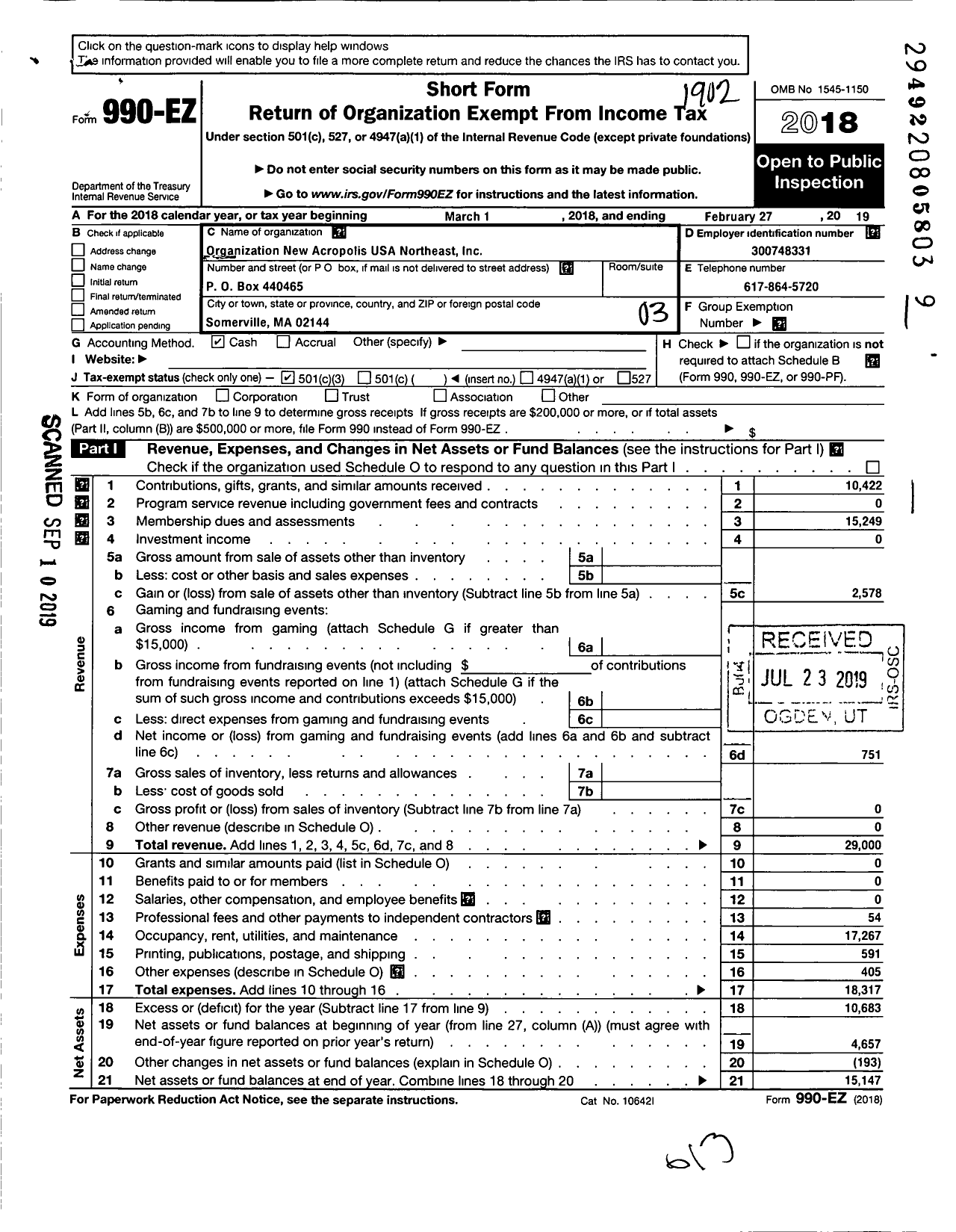 Image of first page of 2018 Form 990EZ for Organization New Acropolis USA Northeast