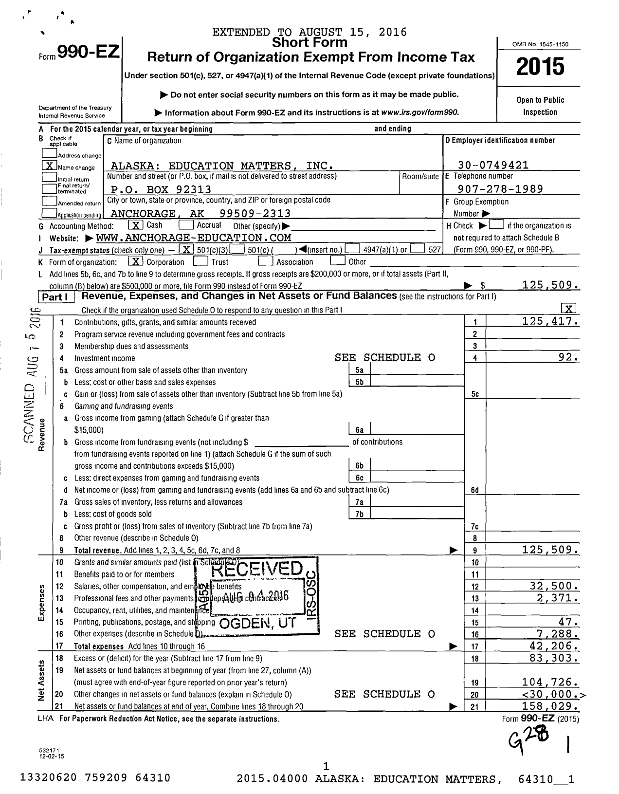 Image of first page of 2015 Form 990EZ for Alaska Education Matters