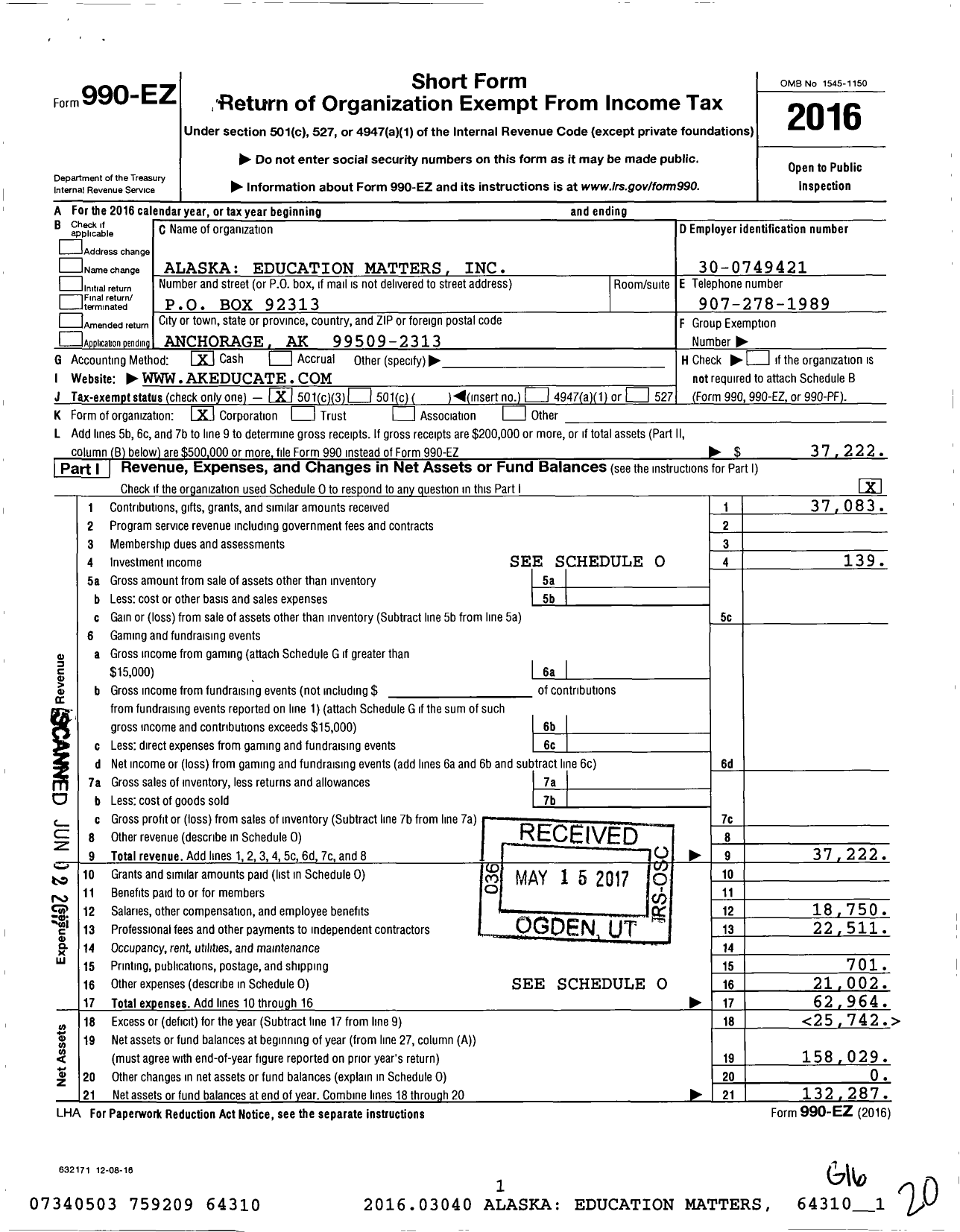 Image of first page of 2016 Form 990EZ for Alaska Education Matters