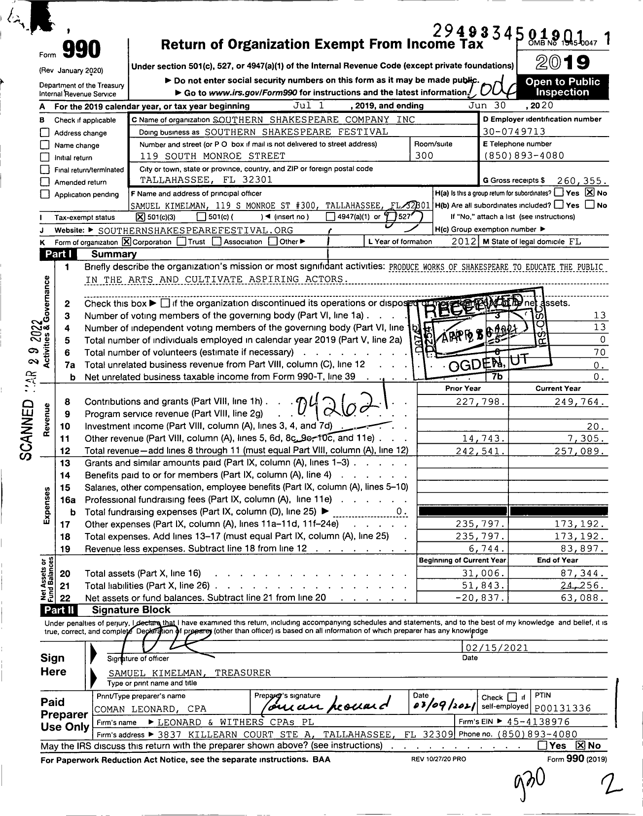 Image of first page of 2019 Form 990 for Southern Shakespeare Festival