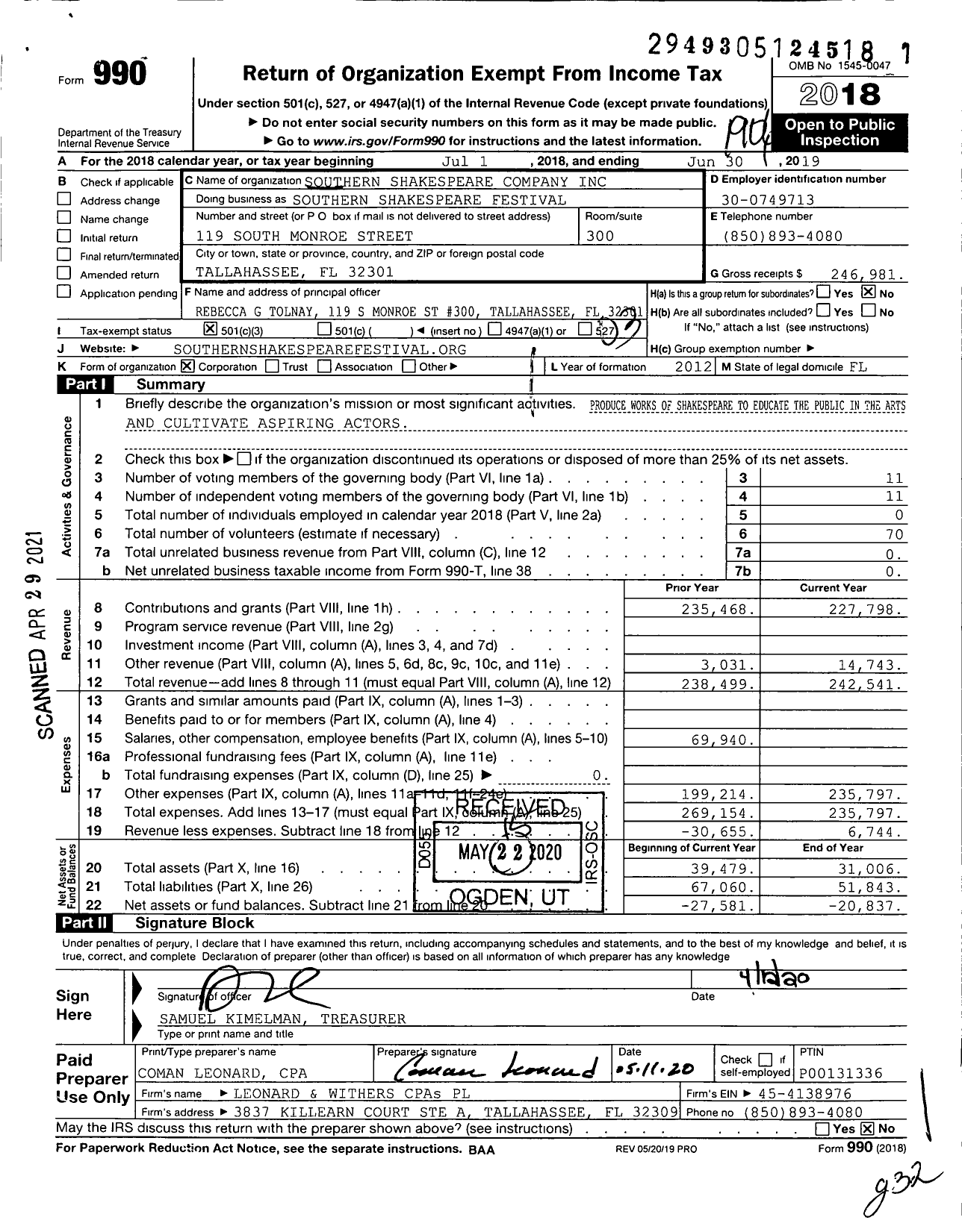 Image of first page of 2018 Form 990 for Southern Shakespeare Festival