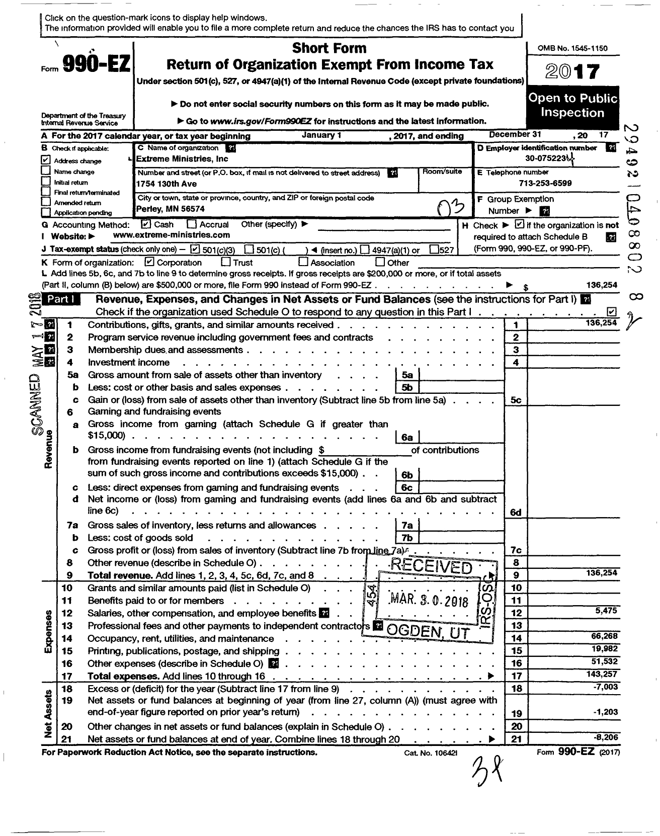 Image of first page of 2017 Form 990EZ for Extreme Ministries