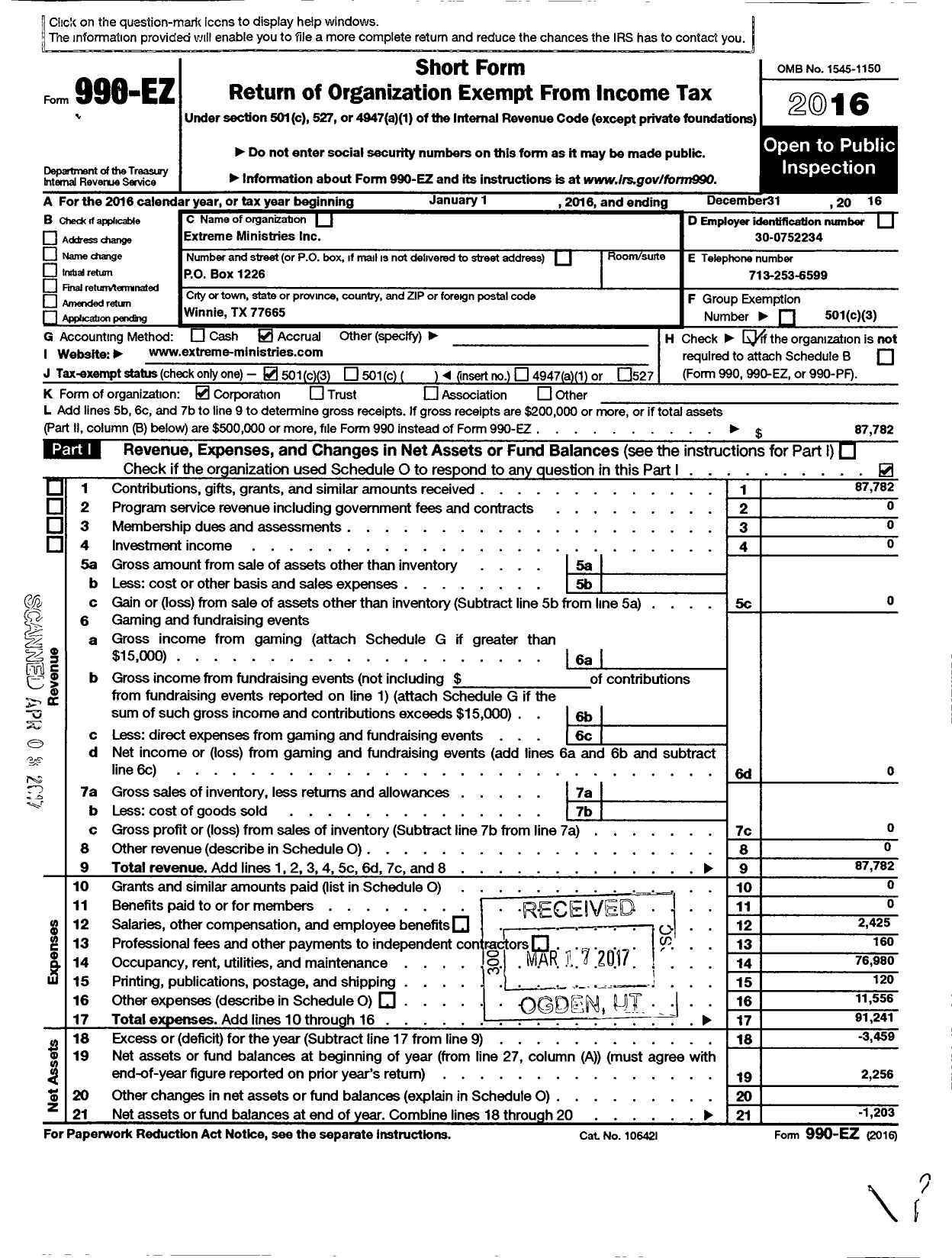 Image of first page of 2016 Form 990EZ for Extreme Ministries