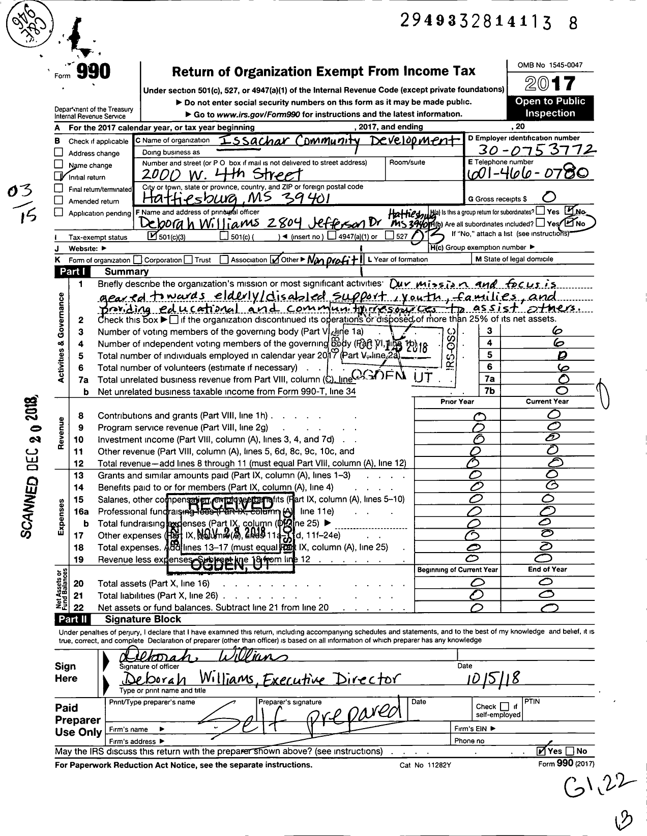 Image of first page of 2017 Form 990 for Issachar Community Development Corporation