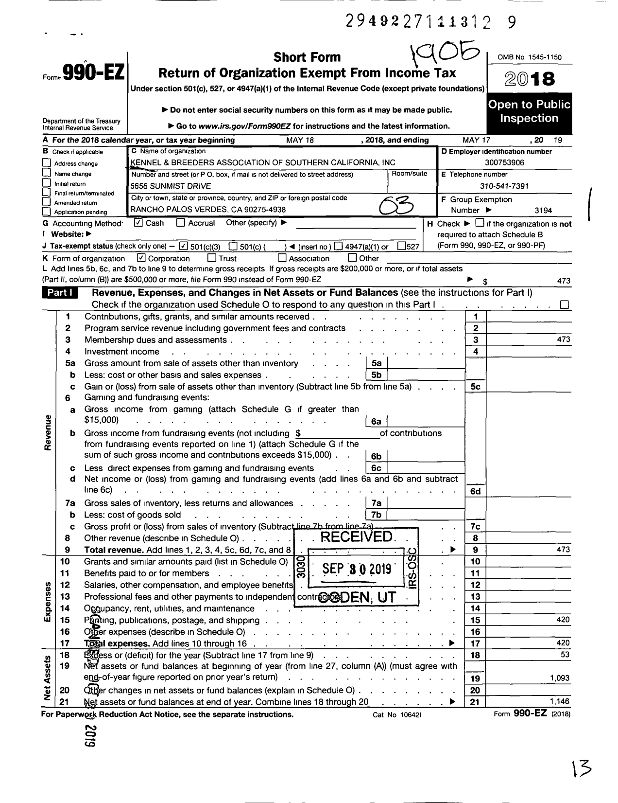 Image of first page of 2018 Form 990EZ for Kennel and Breeders Association of Southern California