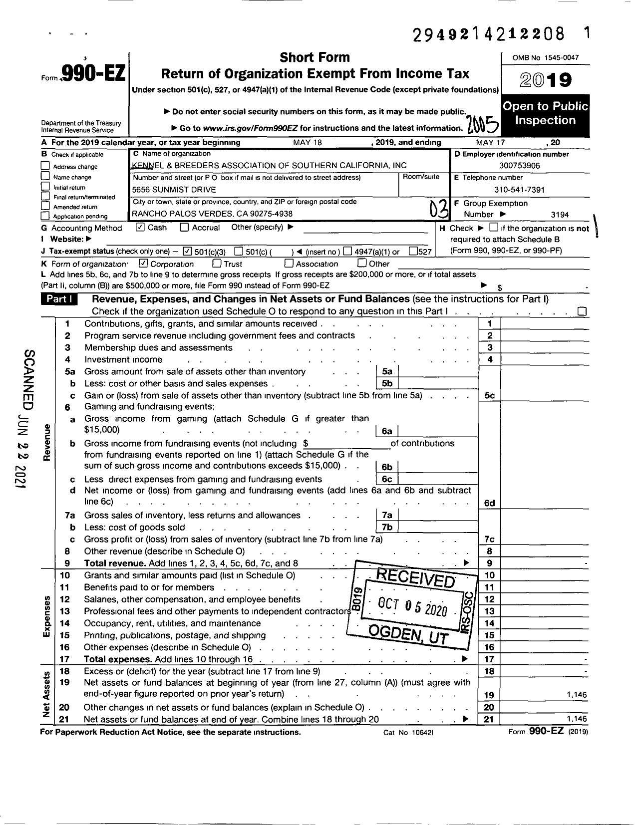 Image of first page of 2019 Form 990EZ for Kennel and Breeders Association of Southern California