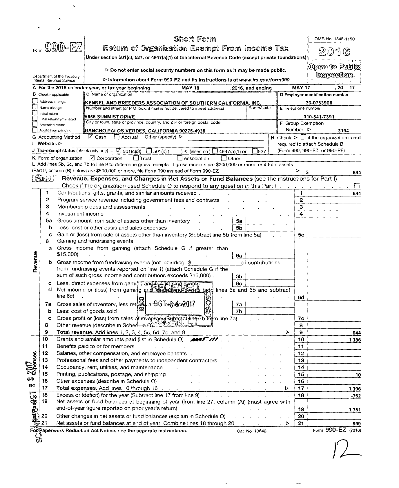 Image of first page of 2016 Form 990EZ for Kennel and Breeders Association of Southern California