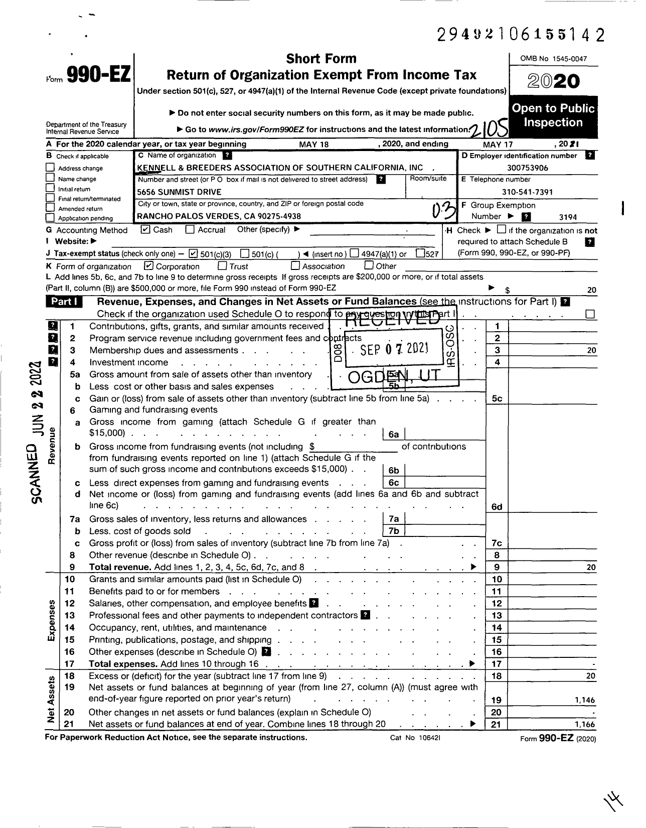 Image of first page of 2020 Form 990EZ for Kennel and Breeders Association of Southern California