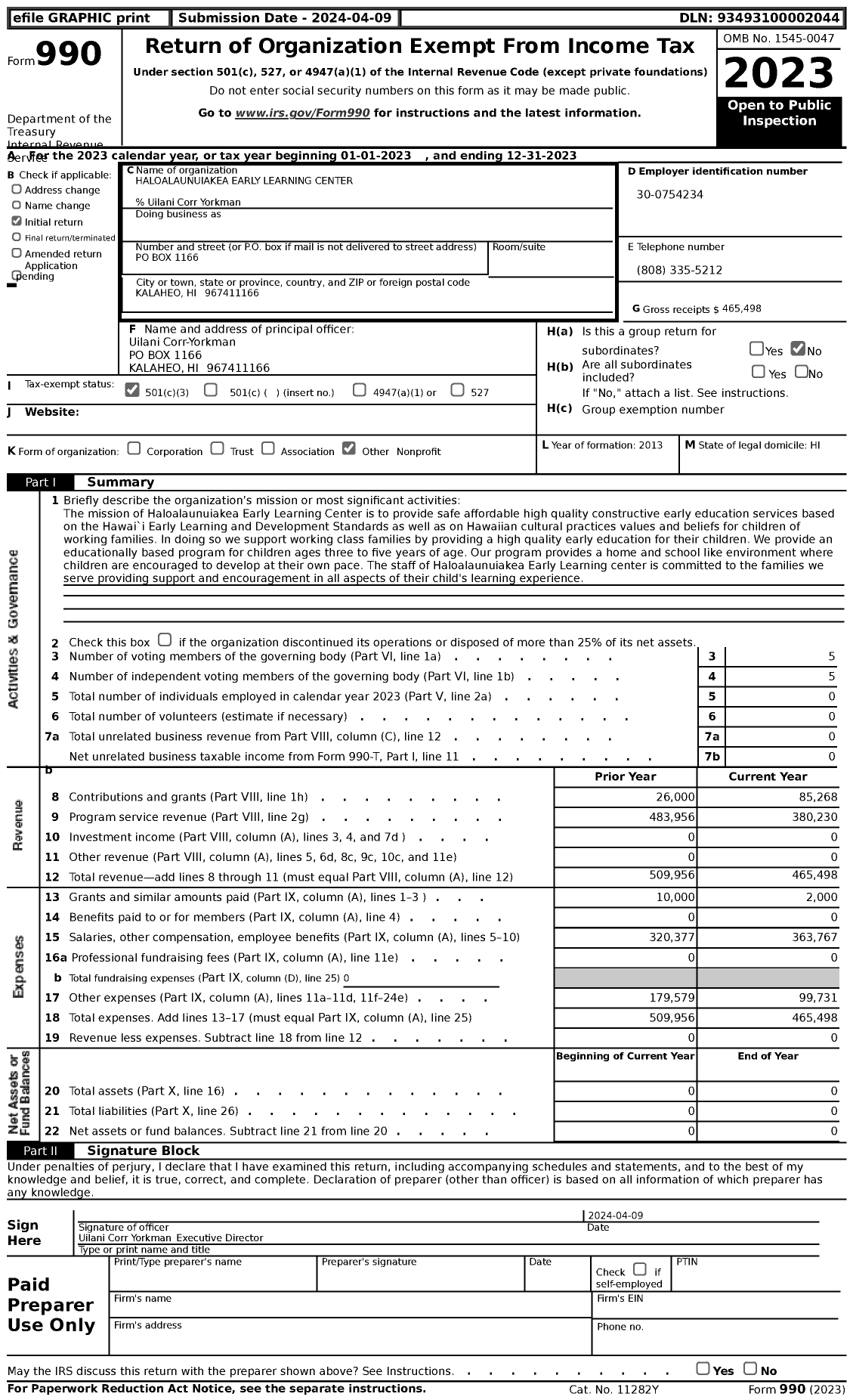 Image of first page of 2023 Form 990 for Haloalaunuiakea Early Learning Center