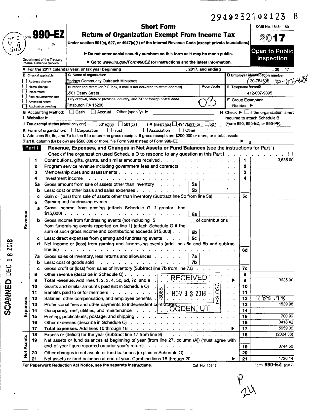 Image of first page of 2017 Form 990EZ for Bridges Community Outreach Ministries