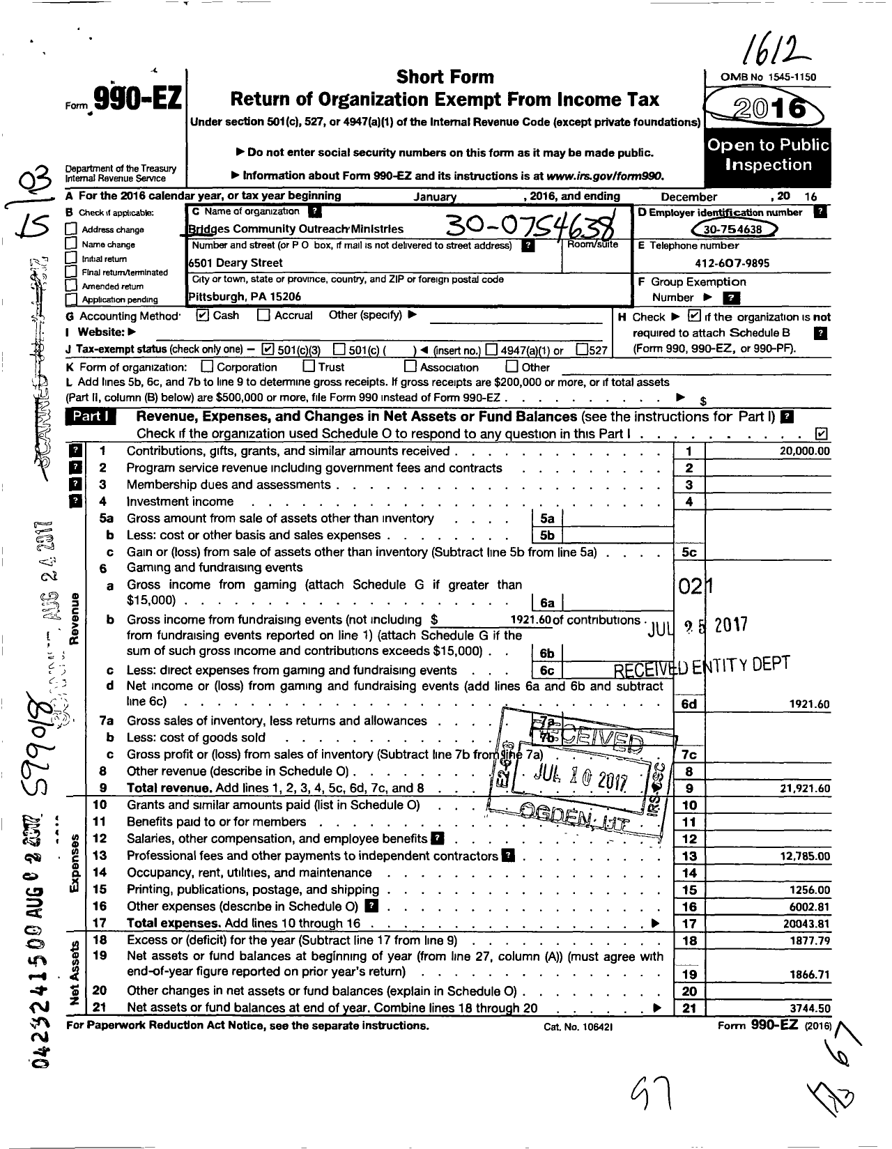 Image of first page of 2016 Form 990EZ for Bridges Community Outreach Ministries