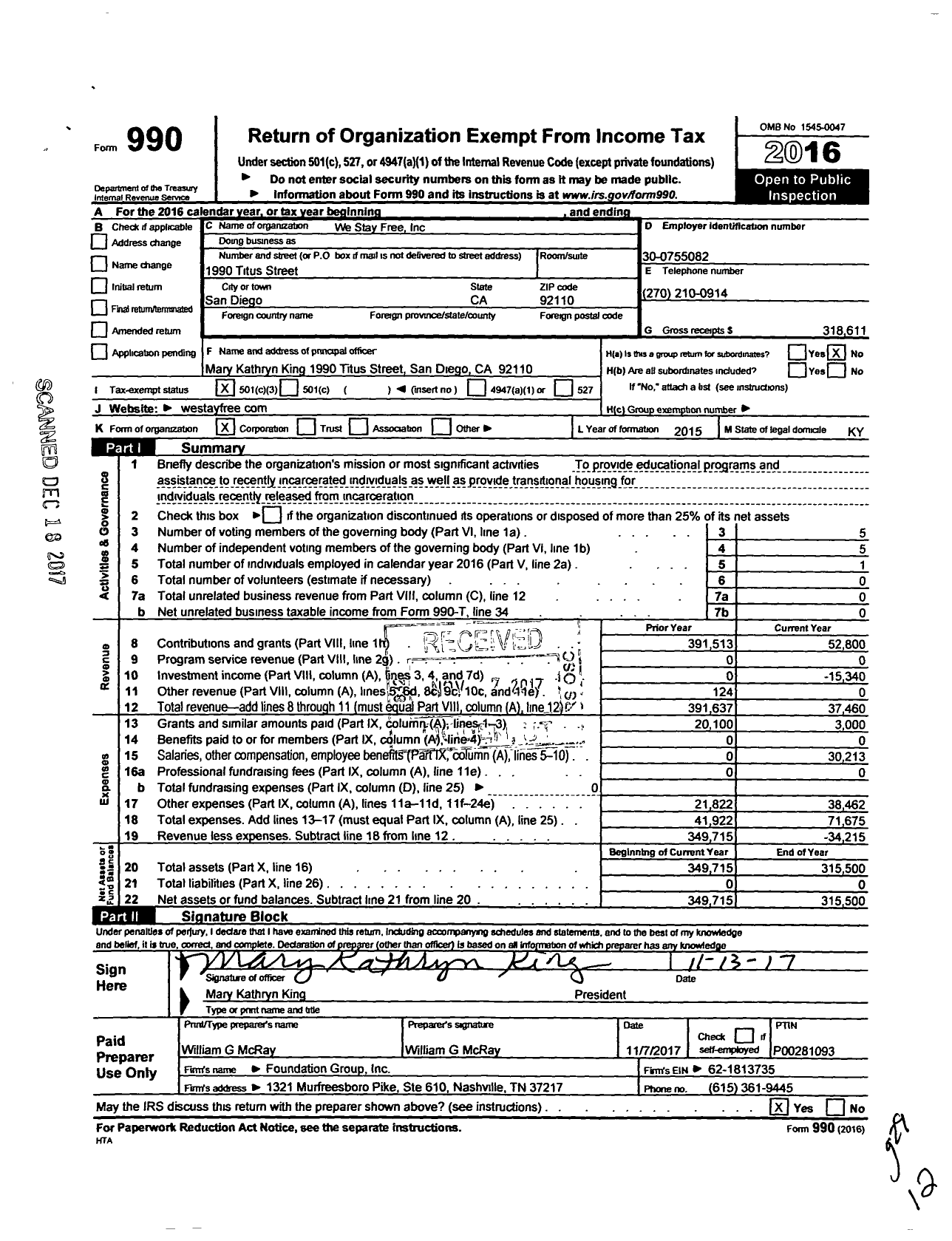 Image of first page of 2016 Form 990 for We Stay Free