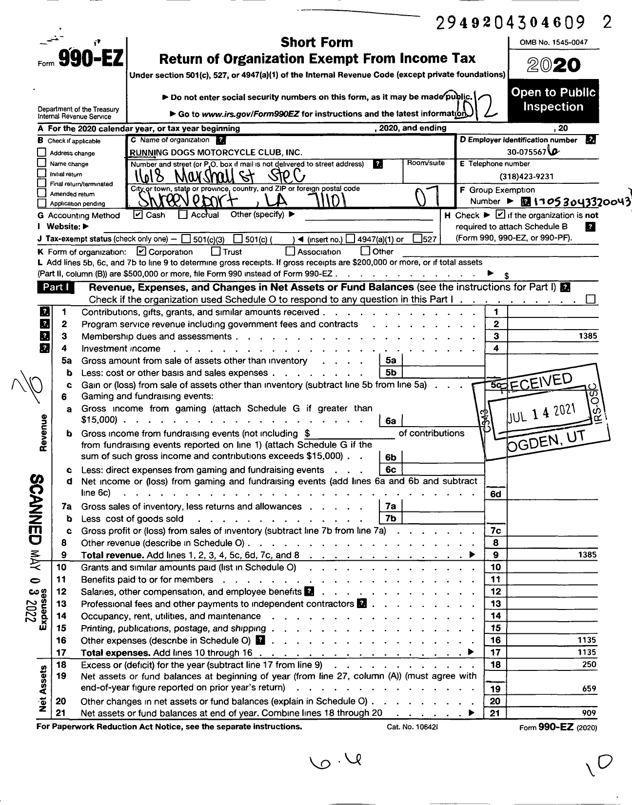 Image of first page of 2020 Form 990EO for Running Dogs Motorcycle Club