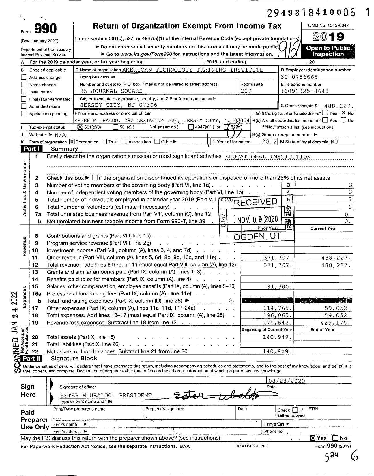 Image of first page of 2019 Form 990 for American Technology Training Institute