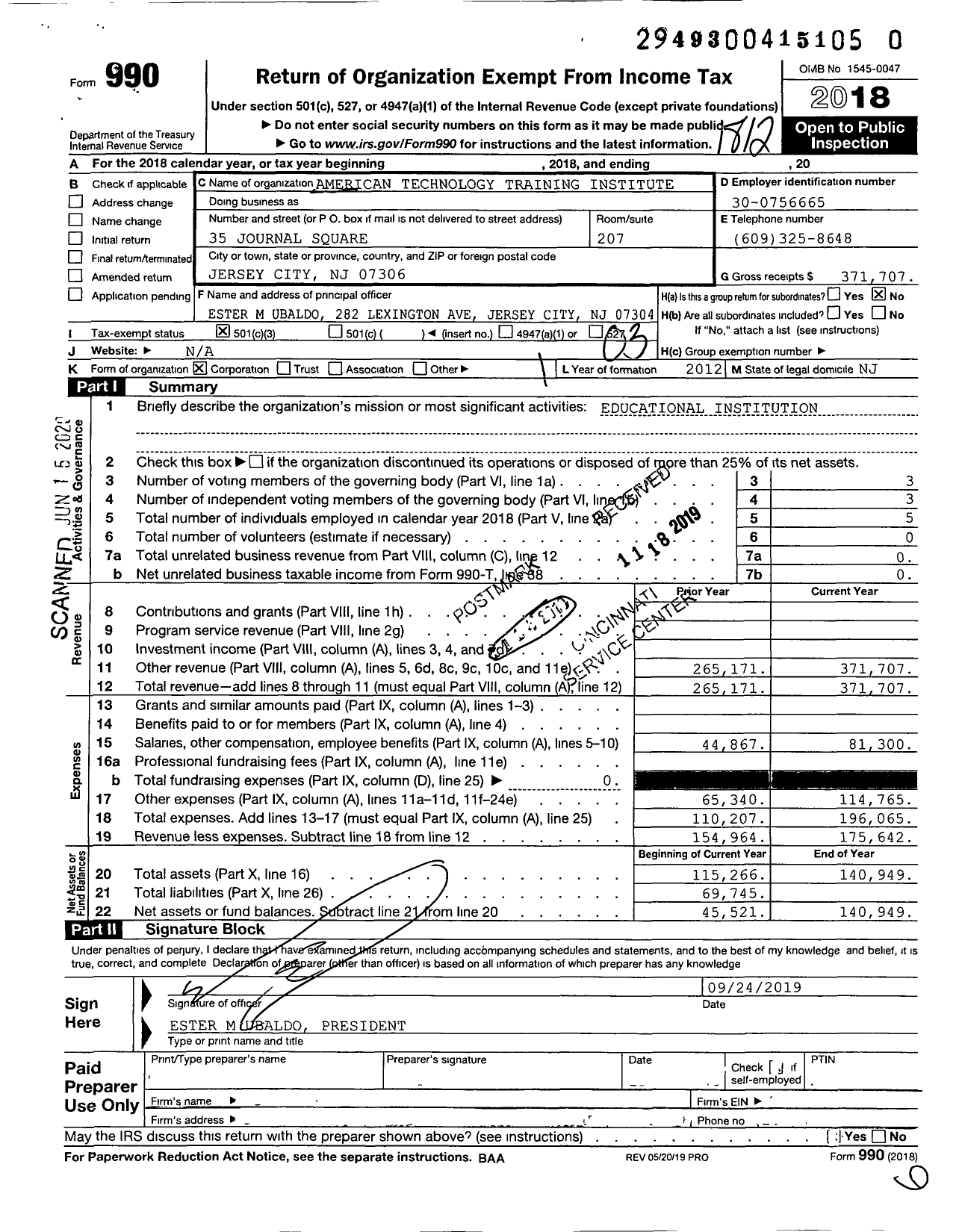 Image of first page of 2018 Form 990 for American Technology Training Institute