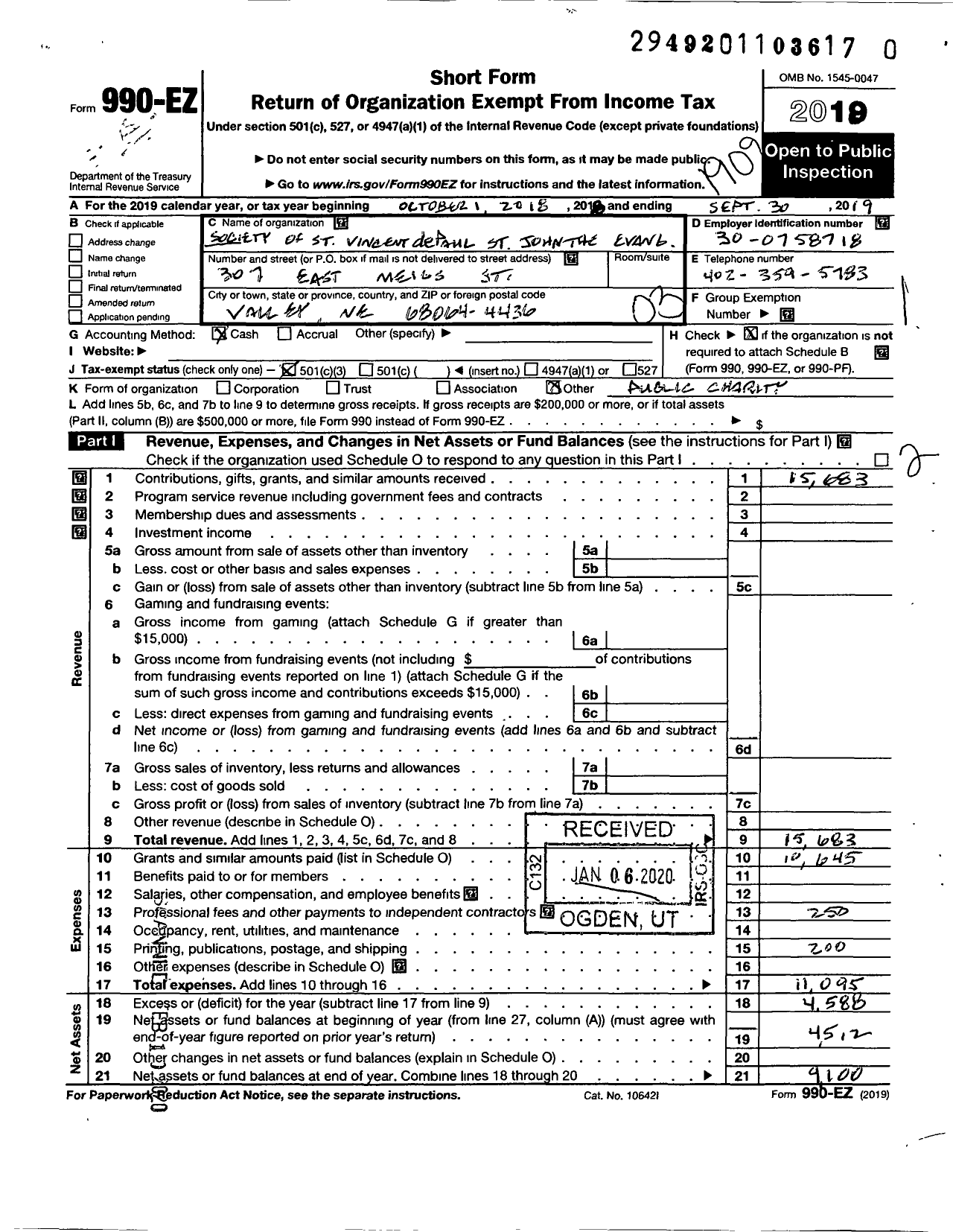 Image of first page of 2018 Form 990EZ for Society of St Vincent de Paul St John the Evangelist Valley