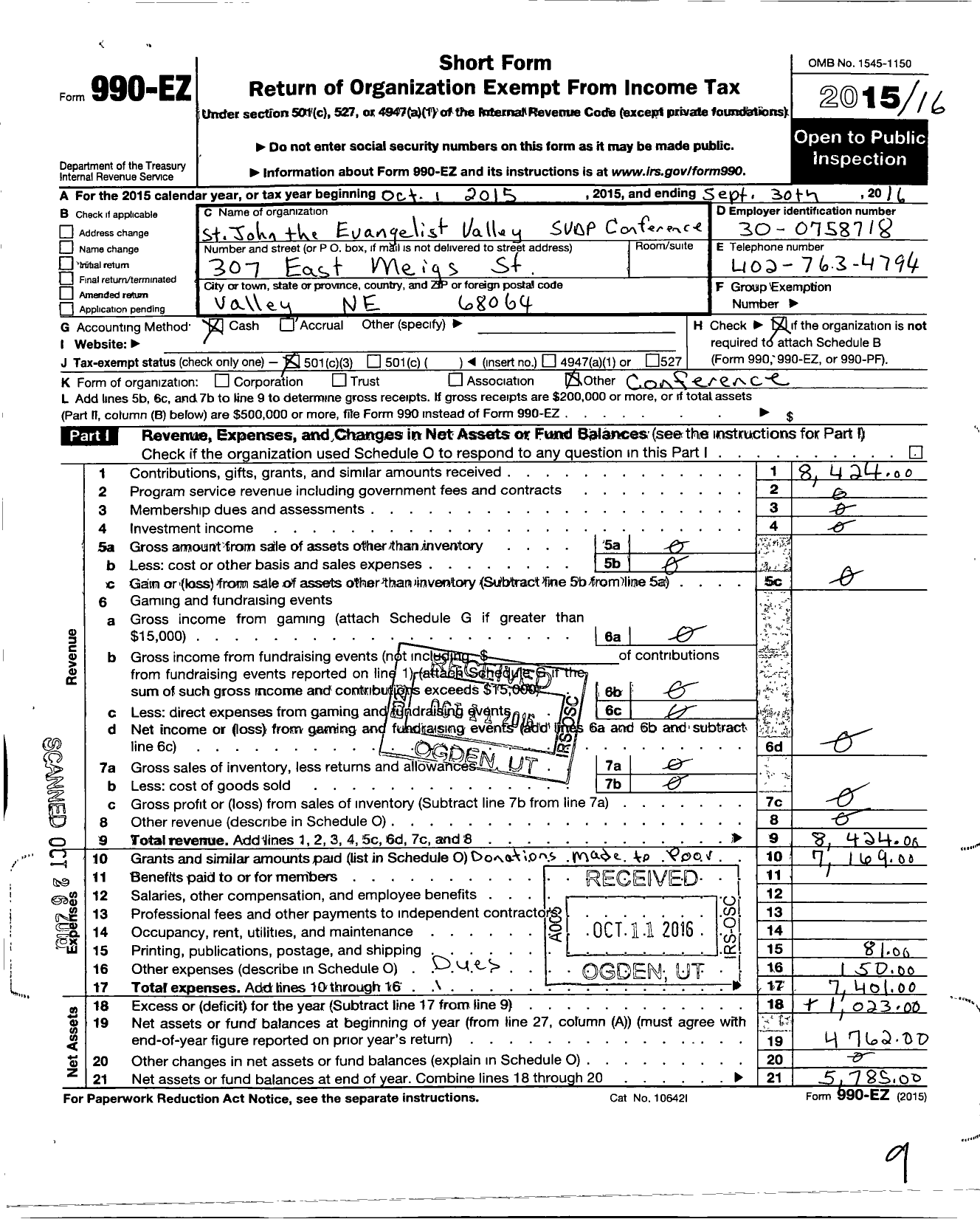 Image of first page of 2015 Form 990EZ for Society of St Vincent de Paul St John the Evangelist Valley