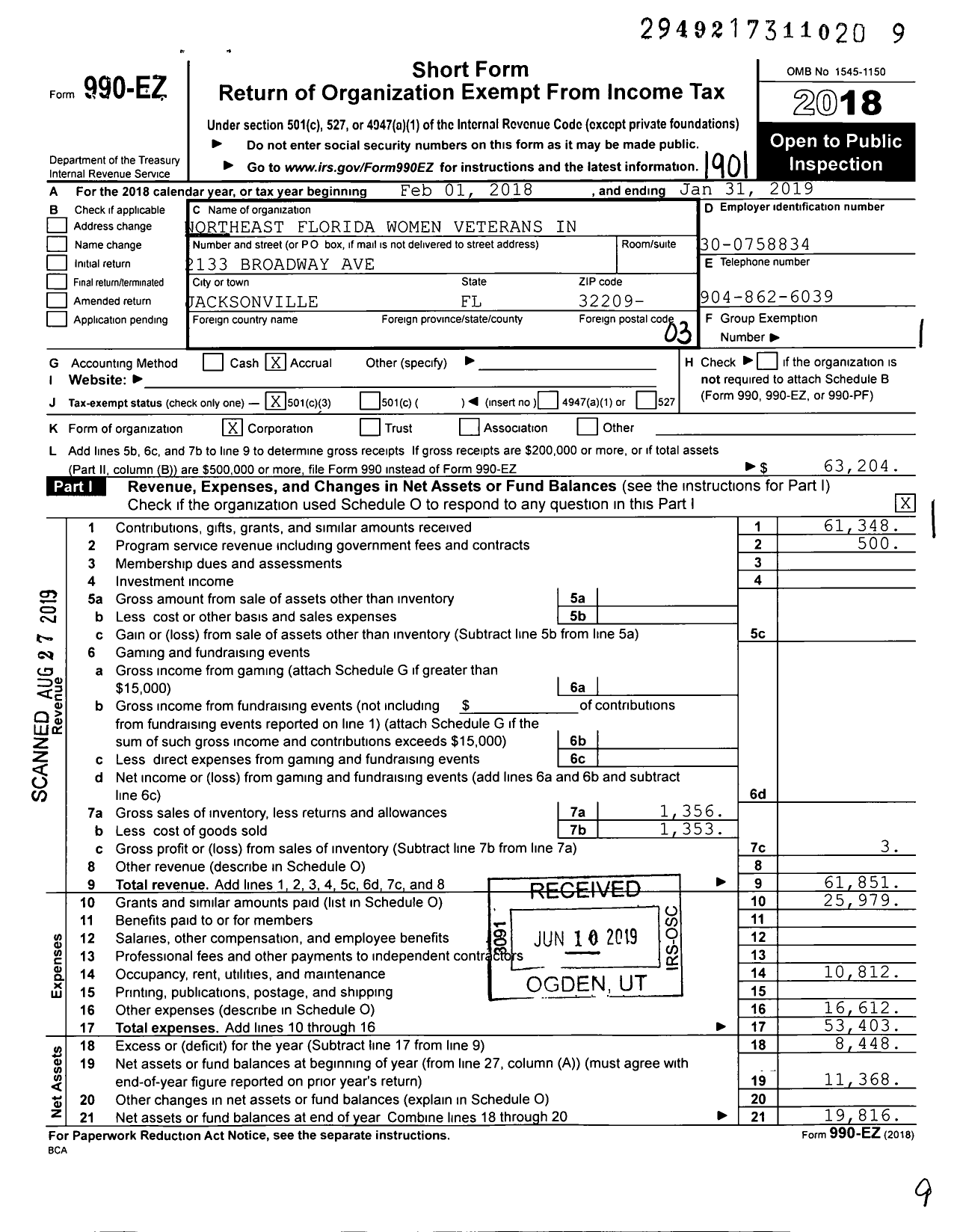 Image of first page of 2018 Form 990EZ for Northeast Florida Women Veterans