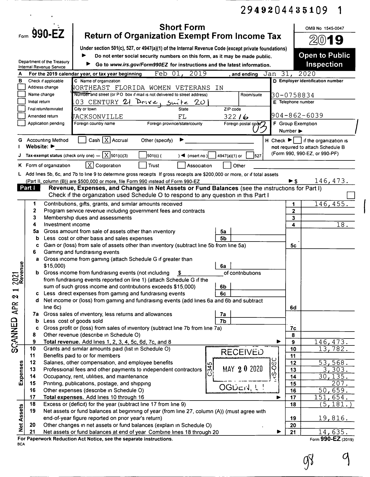 Image of first page of 2019 Form 990EZ for Northeast Florida Women Veterans