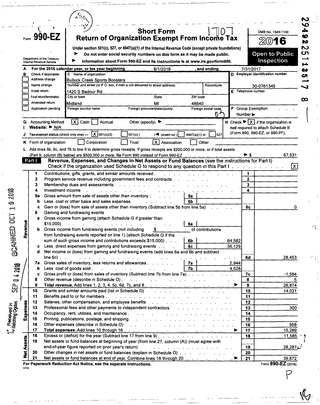 Image of first page of 2016 Form 990EZ for Bullock Creek Sports Boosters